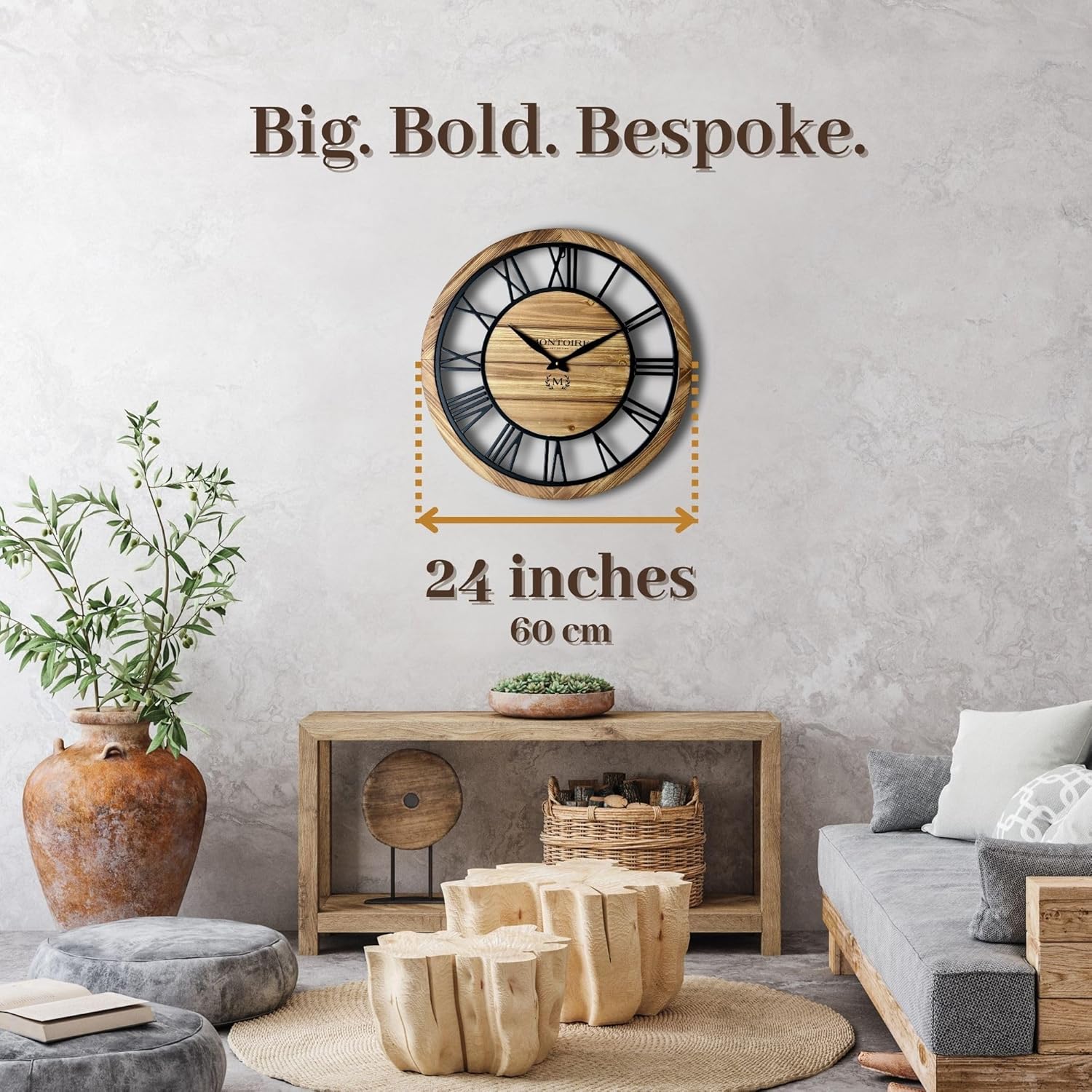 Montoire 24 Inch Wooden Farmhouse Wall Clock, Extra Large for Living Room Decor - Big Rustic Wood Large Round Wall Clock 24 Inches or Larger, Battery Operated with Decorative Roman Numerals