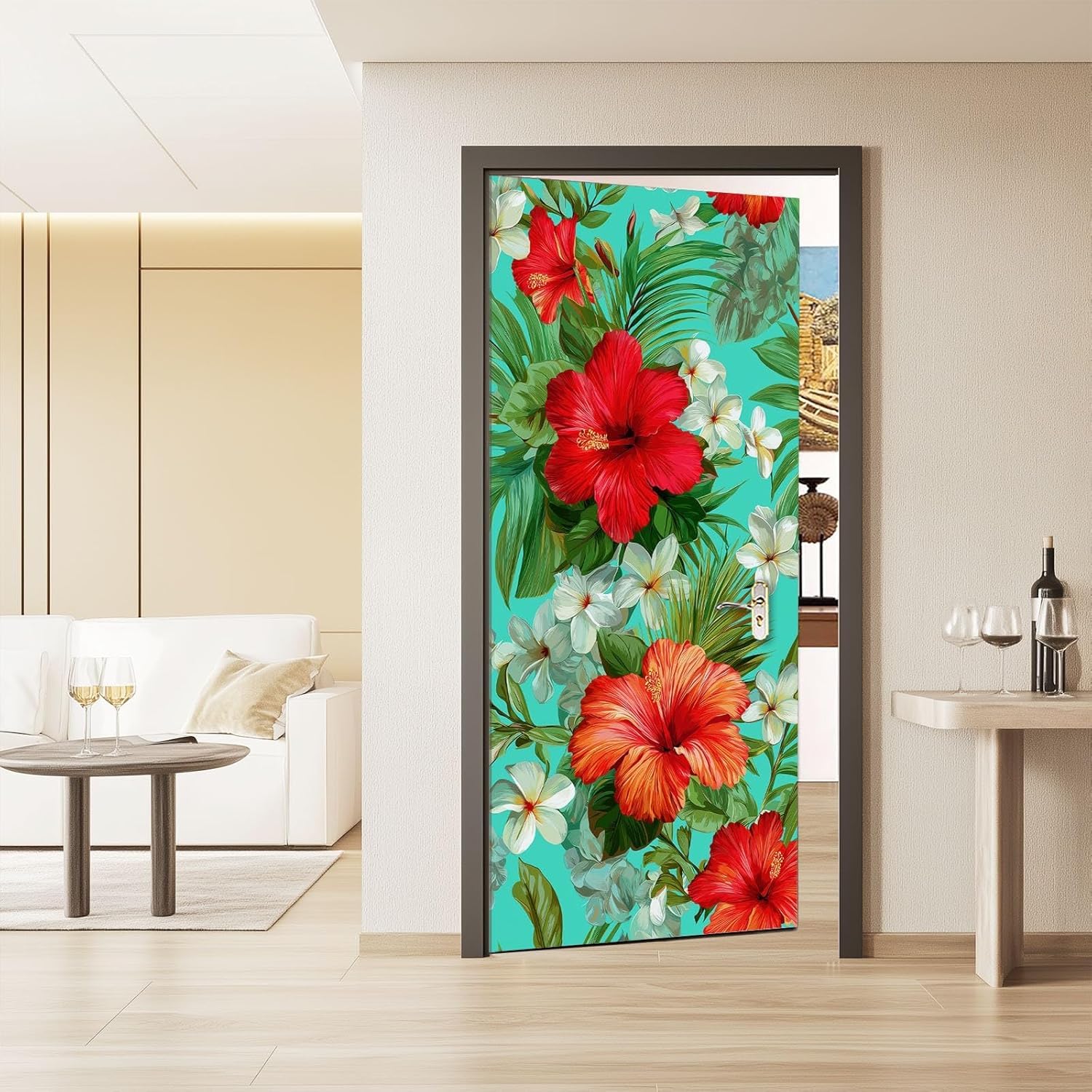 Sticker Porte Plantes Tropicales, Stickers Porte Trompe L'oeil Fleurs Autocollant Poster Auto-Adhésif Art Décor Pour Chambre Salon Salle de Bain Papier Peint 95x215 cm 4741n