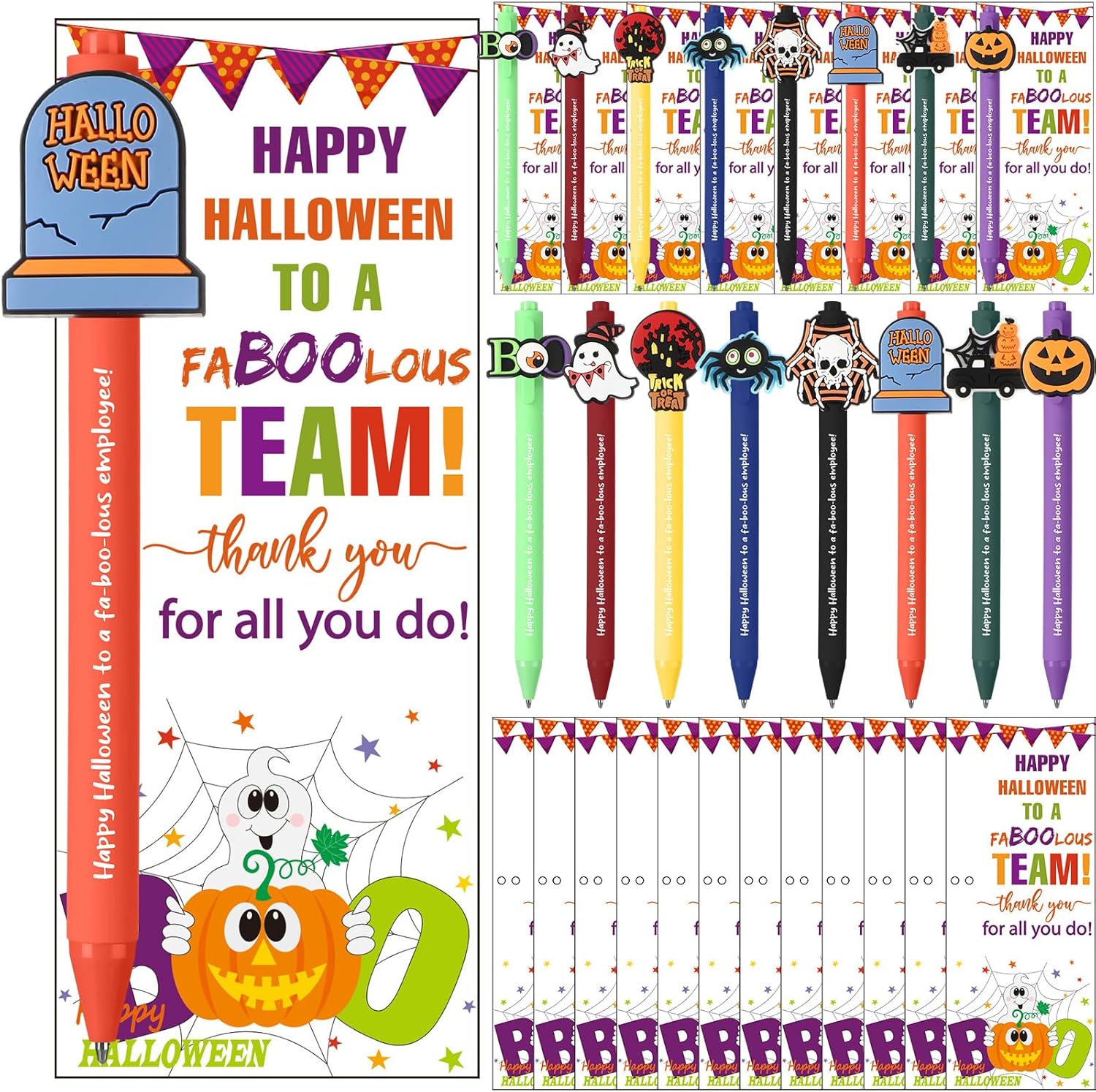 AmazingSpark 48 Set Halloween Pens Bulk Halloween Appreciation Gifts for Team Include Inspirational Ballpoint Pens Thank You Greeting Card Party Favors for Office Party Rewards Gift Exchange (Team)