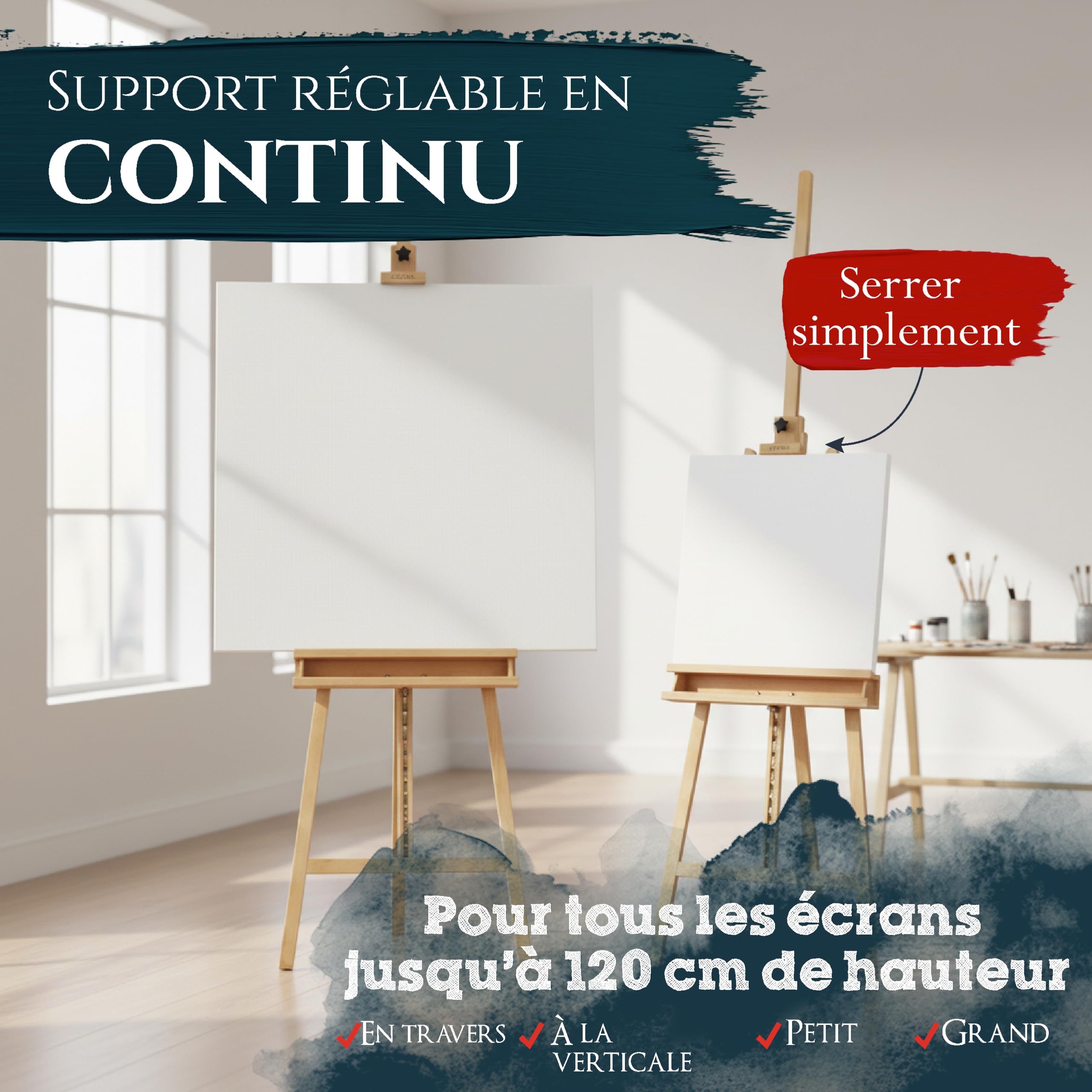 Artina Grand Chevalet d'Atelier 66x225 cm Barcelona – Chevalet Tripode en Bois de Hêtre Réglable avec Support de Peinture – FSC® Bois Pliable pour Toiles jusqu'à 120cm