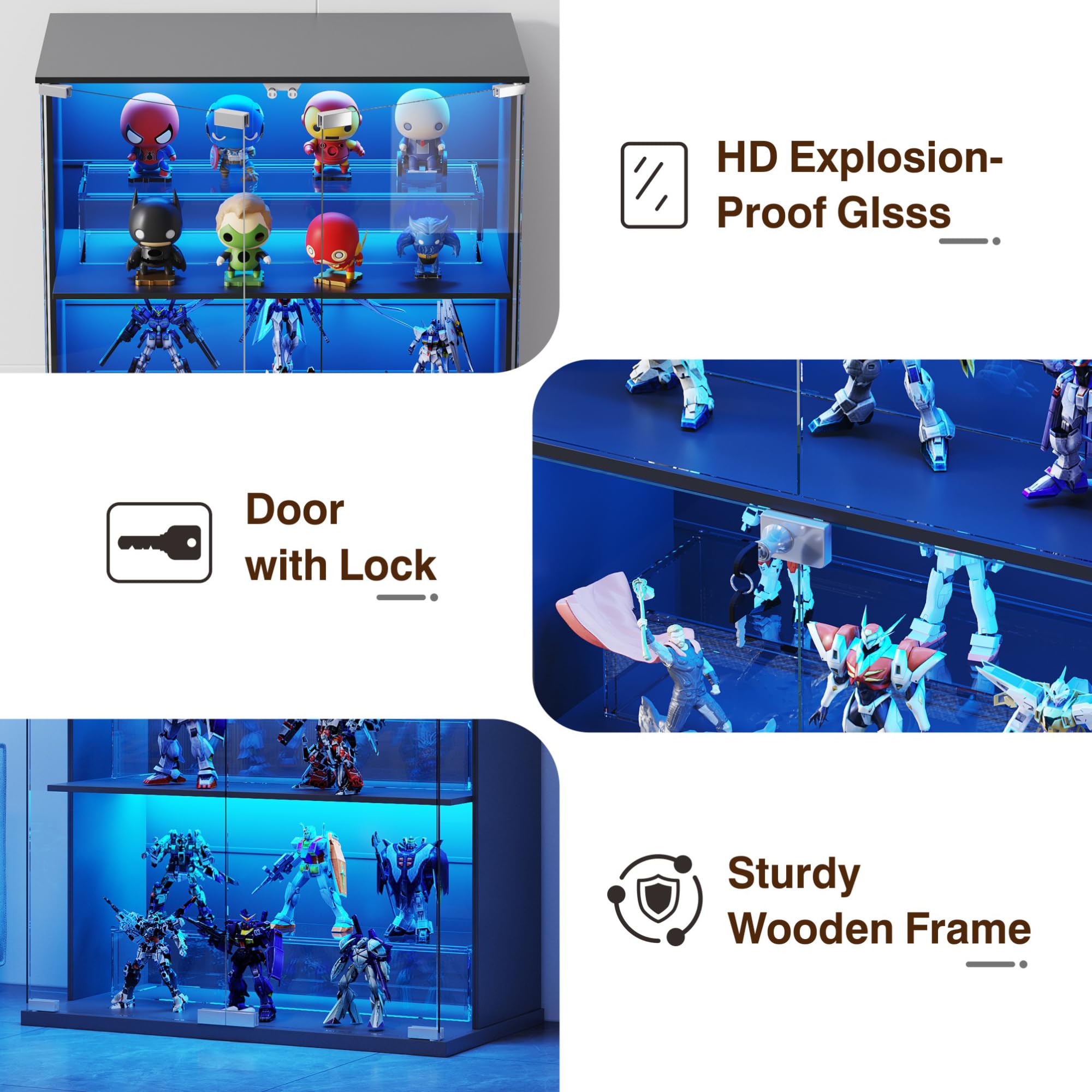 Lvifur Vitrine mit LED Beleuchtung und Glastüren für Sammlerstücke,Wein,35×70×168cm 4-Lagen Glasvitrine Vitrinenschrank mit Intelligente Sensorik für Wohnzimmer Schlafzimmer,Schwarz