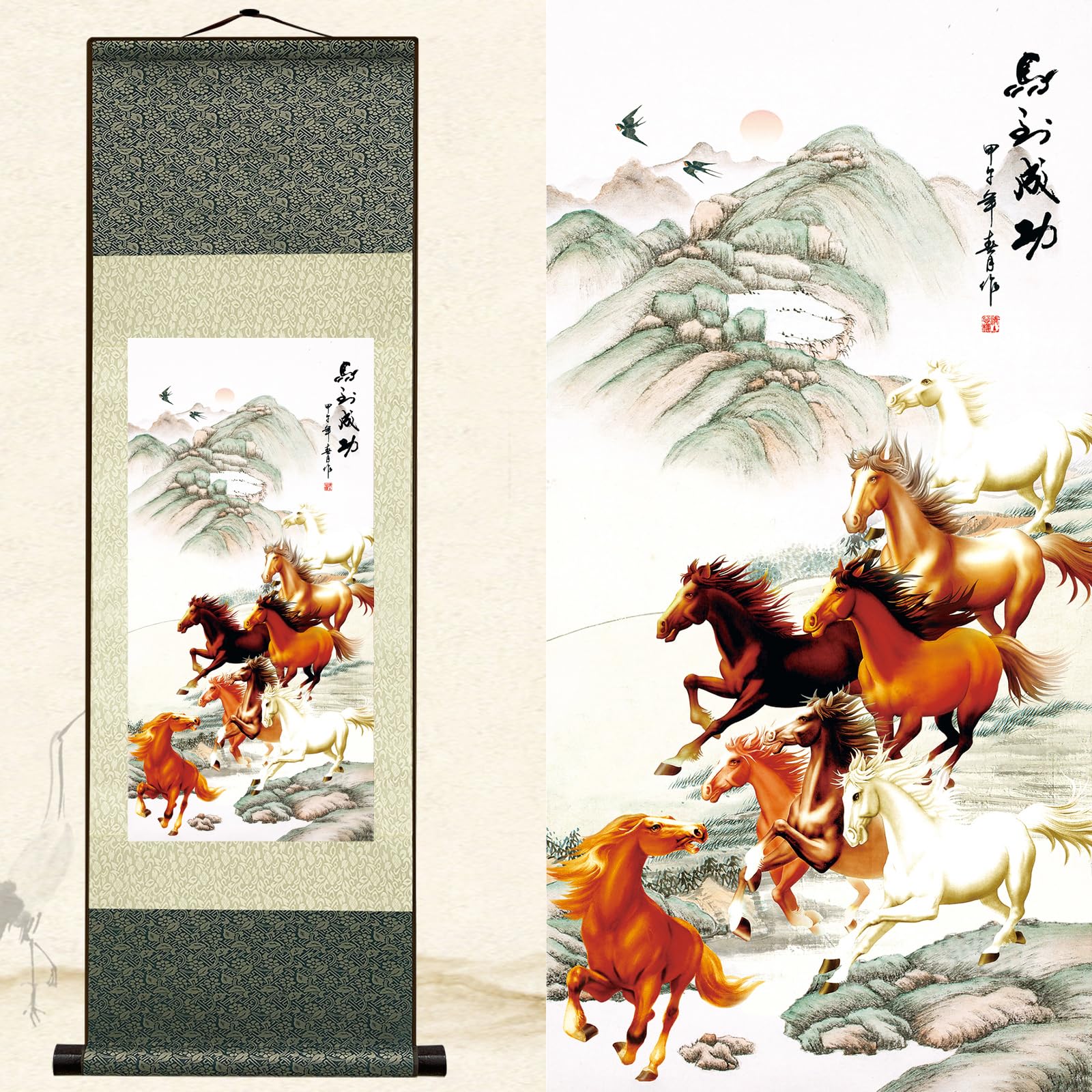 Newscz Bedroom Pictures for Wall Art Decor Wall Painting Silk Scroll Art Paintings Running Horse Posters Wall Tapestry Bedroom Canvas Asian House Decoration for Living Room Home Decor 36 by 12 in