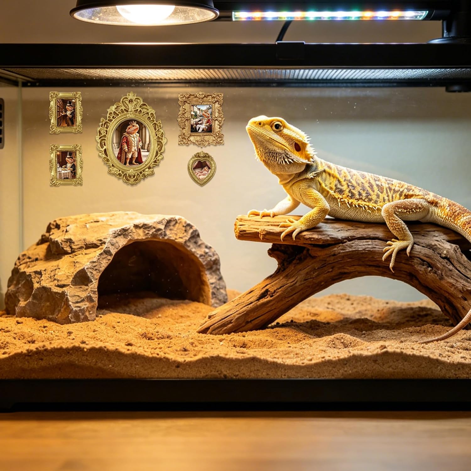 Bearded Dragon Tank Accessories - 5pcs Mini Bearded Dragon Tank Gold Frame Decor with Adhesive Dots Vintage Royal Reptile Enclosure Decoration for Beardie Owners