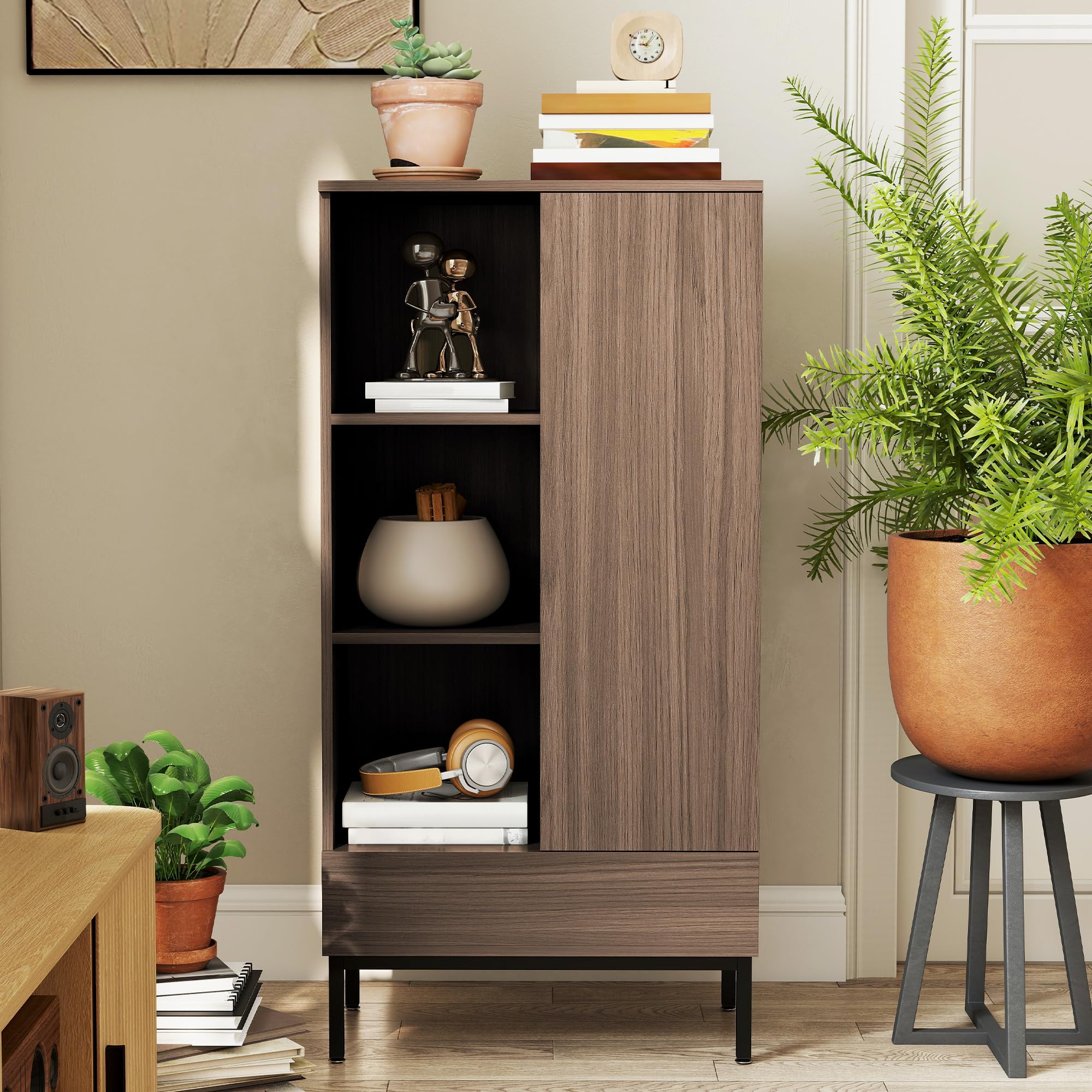 HOMCOM Aparador 1 Puerta Aparador para Salón Moderno con Cajón Estante Ajustable y 3 Compartimentos Abiertos para Comedor Entrada Dormitorio 60x34x121 cm Natural