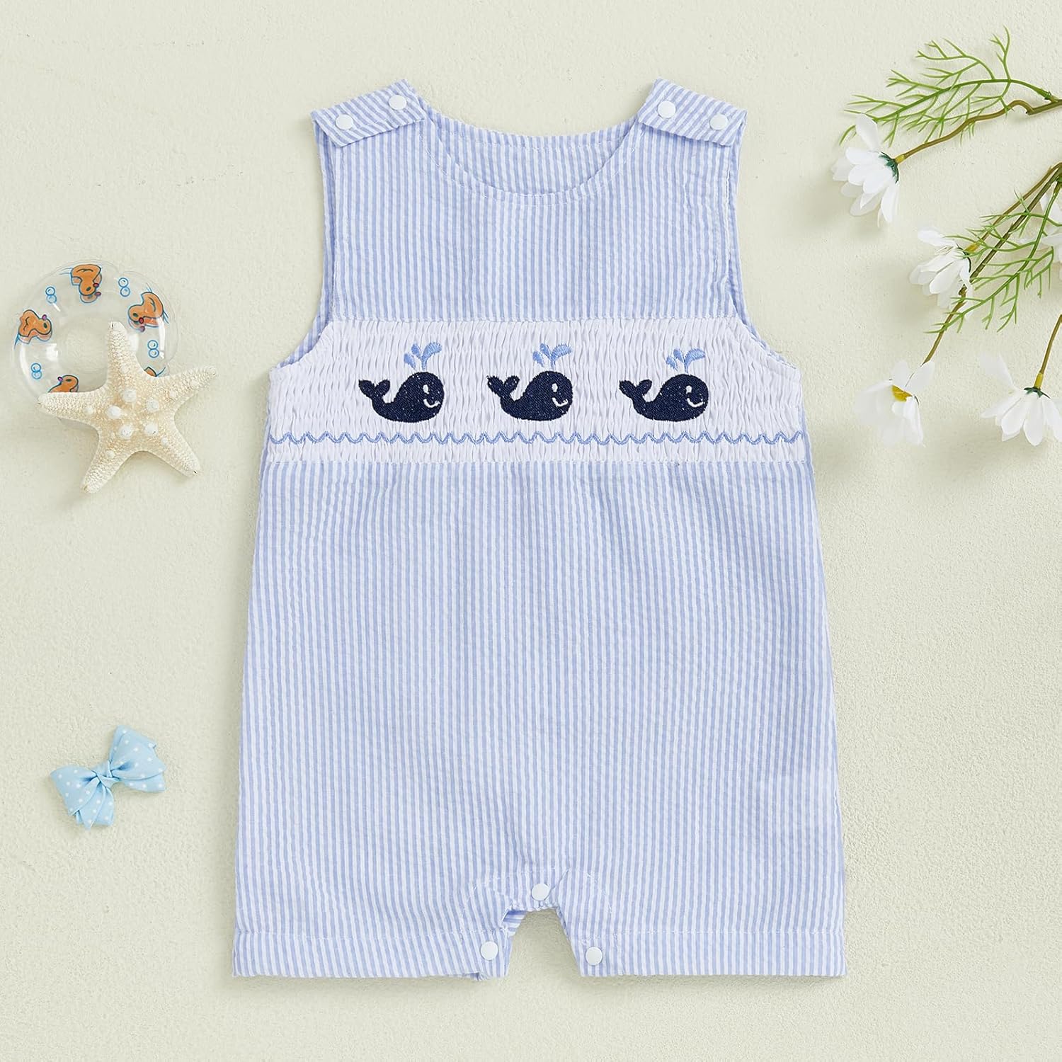 Newborn Baby Boys Sleeveless Seersucker Romper One Piece Straps Overalls Striped Jumpsuit Summer Smocked Clothes - Image 2