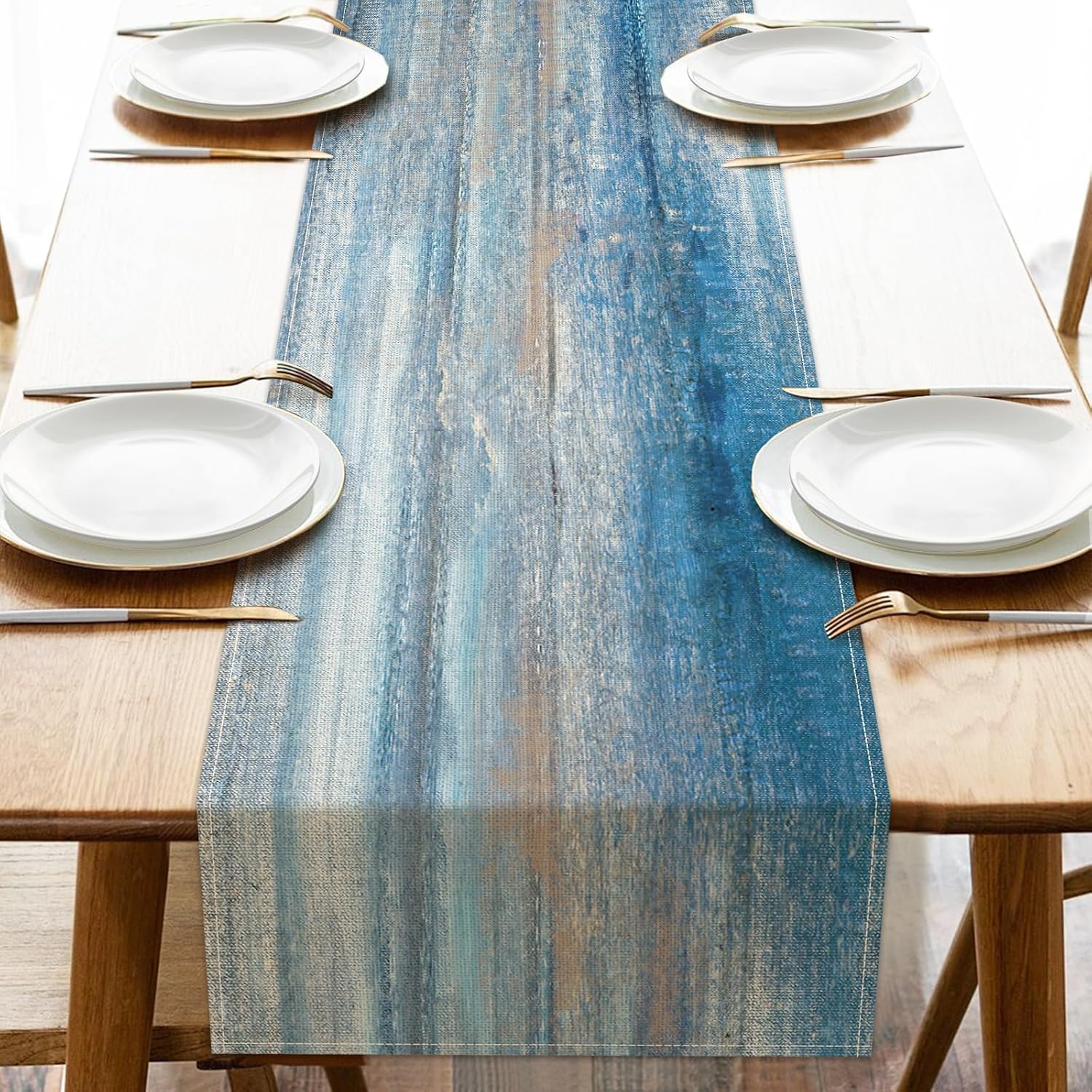 Vintage Farmhouse Blue Wood Texture Dining Table Runner, Rustic Wooden Grain Pastoral Burlap Kitchen Decoration, Modern Retro Country Indoor Outdoor Home Decor Party Supply 13 x 72 Inches
