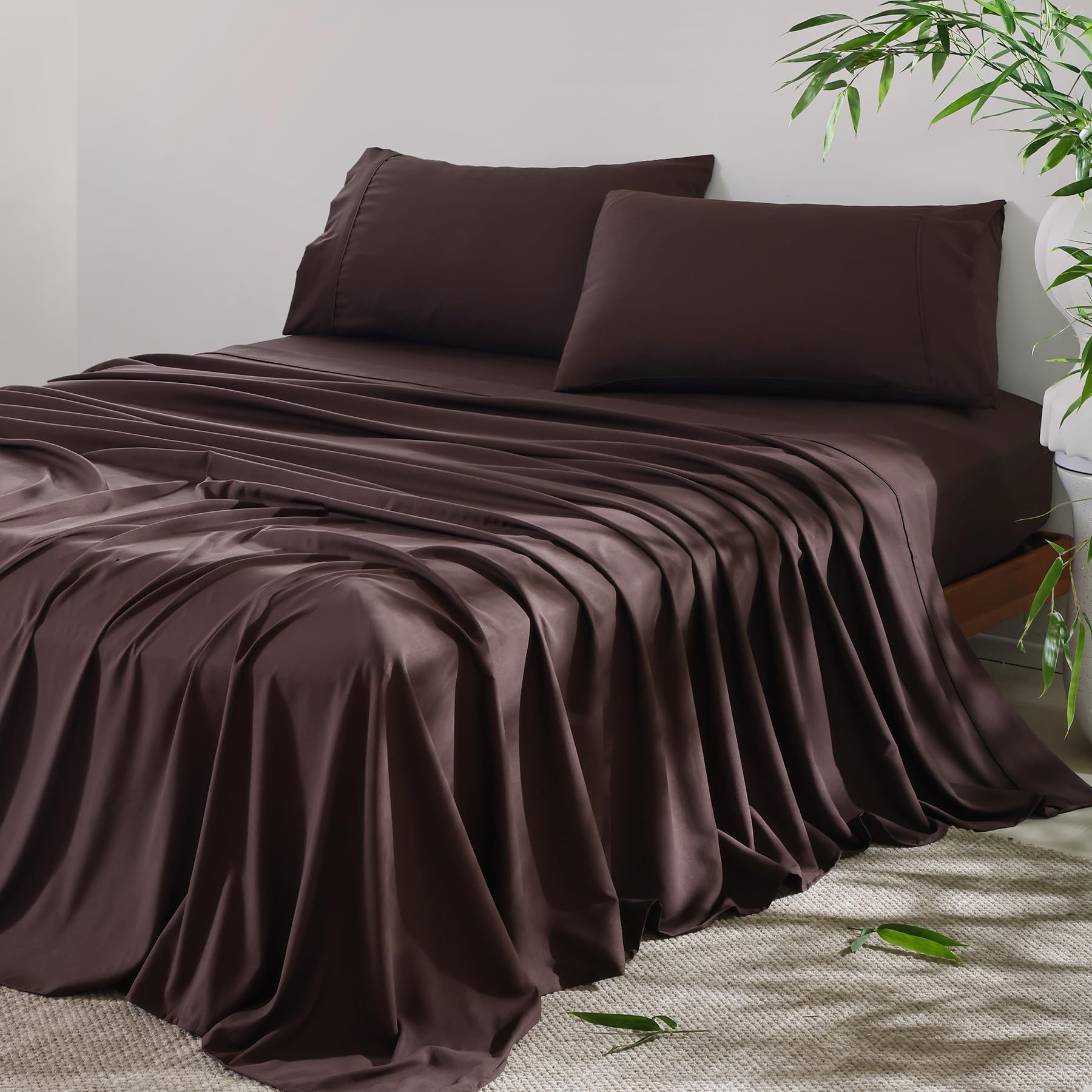 Queen Size Sheets - Cooling Bed Sheets Rayon Derived from Bamboo, 16 Inch Extra Deep Pocket Queen Sheet Set, Hotel Luxury Silky Soft Breathable Bedding Sheets & Pillowcases, 4 Piece