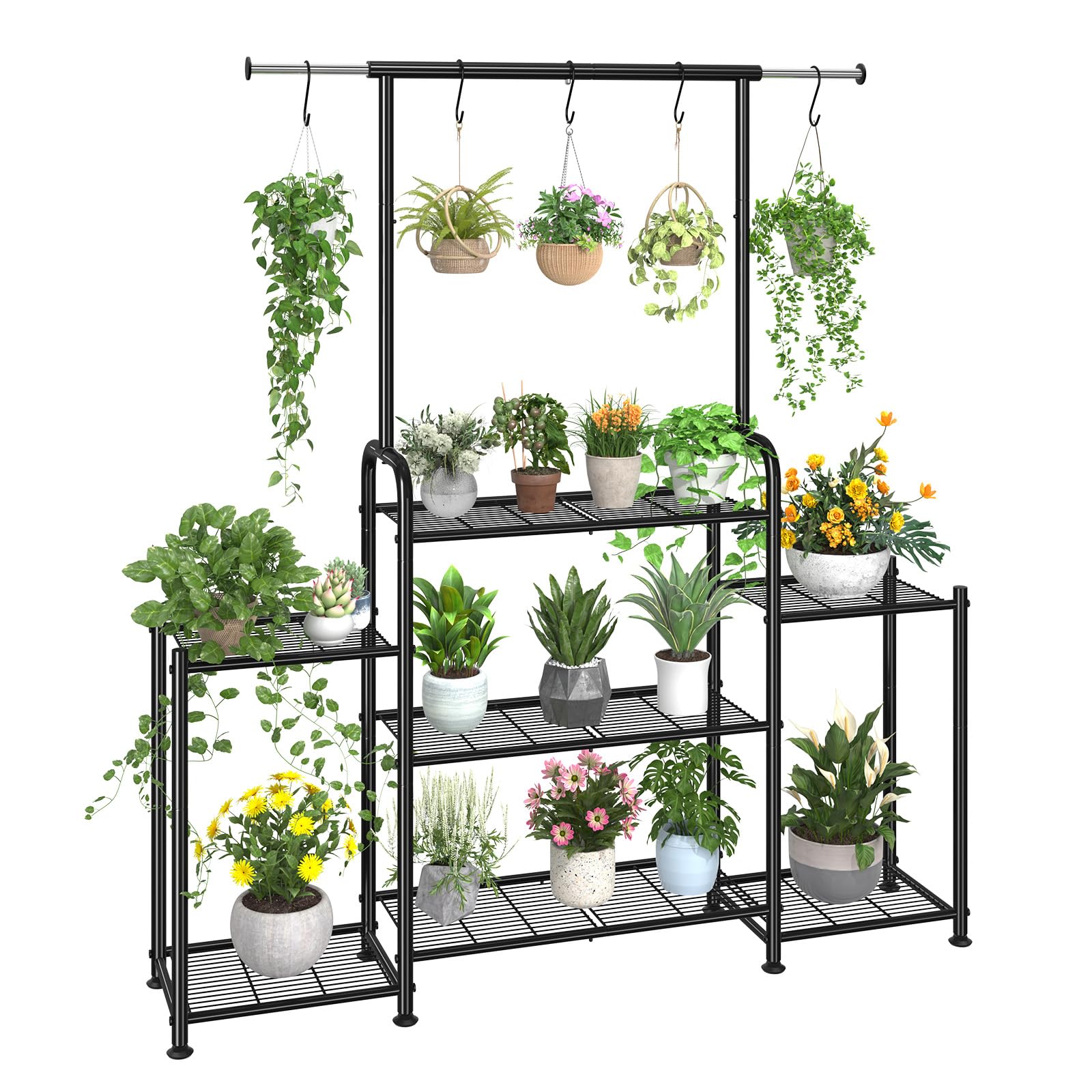 Simple Trending Plant Stand Indoor Outdoor, Metal 3 Tier Tall Hanging Plant Shelf Display Stand for Multiple Flower Planter Large Heavy Duty Ladder Plant Holder for Garden, Black