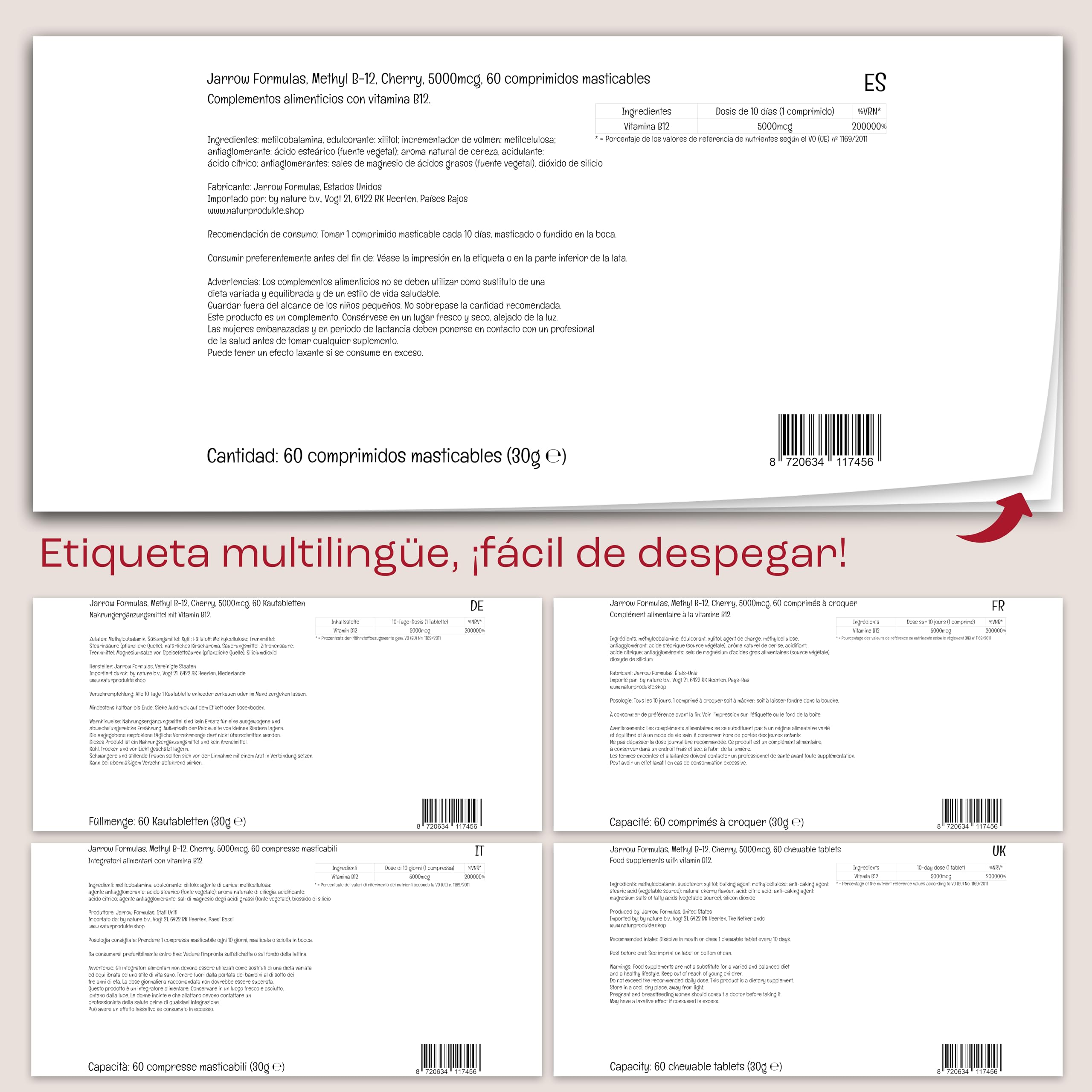 Jarrow Formulas, Methyl B12, 5.000mcg, Depósito de 10 Días, Sabor Cereza, 60 Comprimidos Masticables vegano, Probado en Laboratorio, Sin Gluten, Vegetariano, Sin Soja, Sin OGM