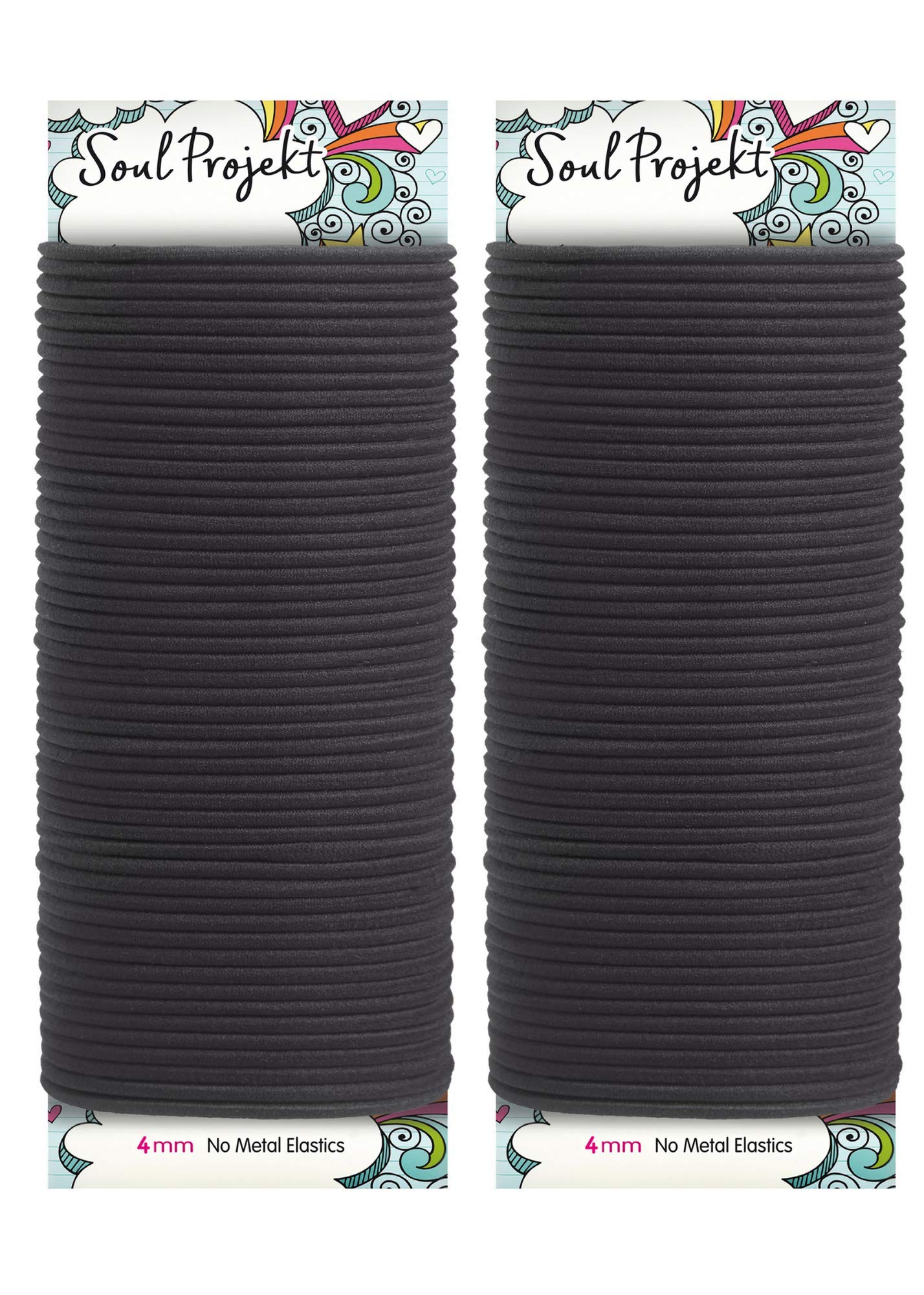 Soul ProjektHair Bands 100 Pack 4mm Black No Metal Hair Bobbles No Damage Elastic Hair Ties For Buns, Ponytails, Plaits