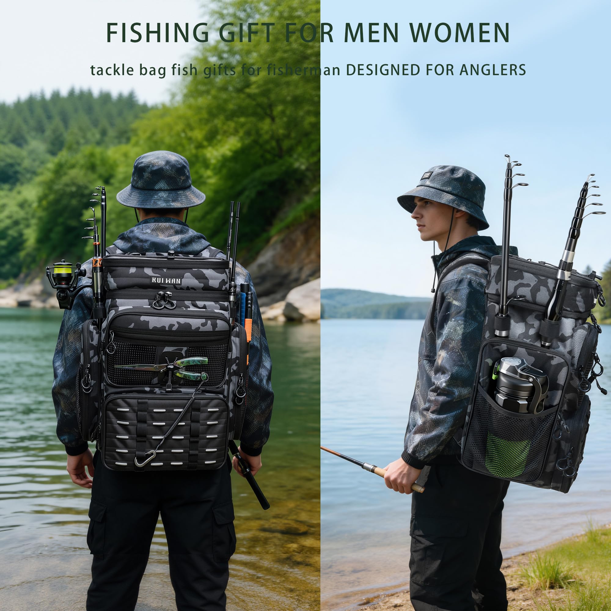 Angelrucksack mit Kühler & 4 Rutenhalter, große 45 l Angelausrüstungstasche, Geschenke für Männer und Frauen, Camouflage-Rucksack