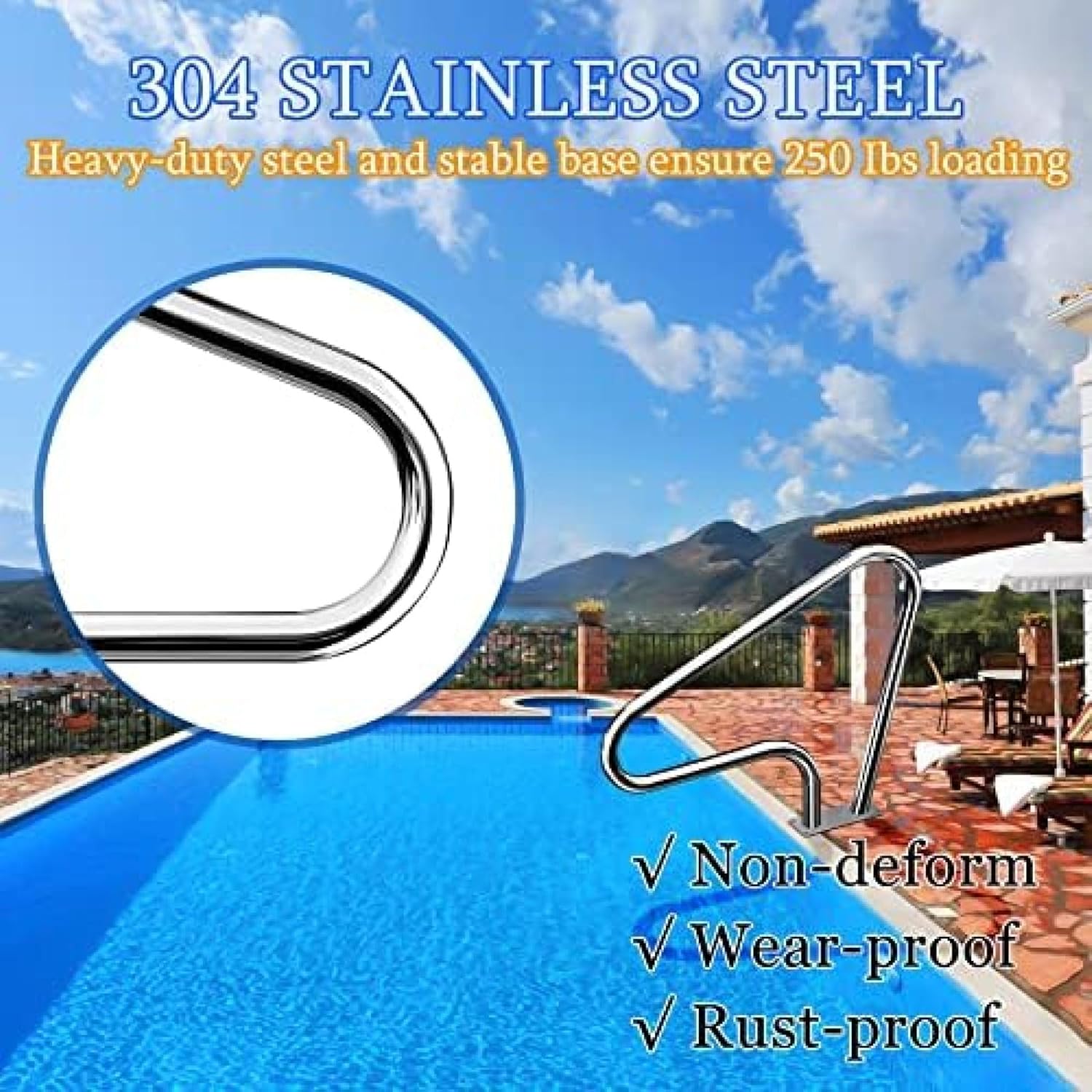 Pool Handrail, Stainless Steel Swimming Pool Hand Rail Stair Rail Ladder Step Hand Grab Rail Pool Railings for Inground Pools,39''x32''