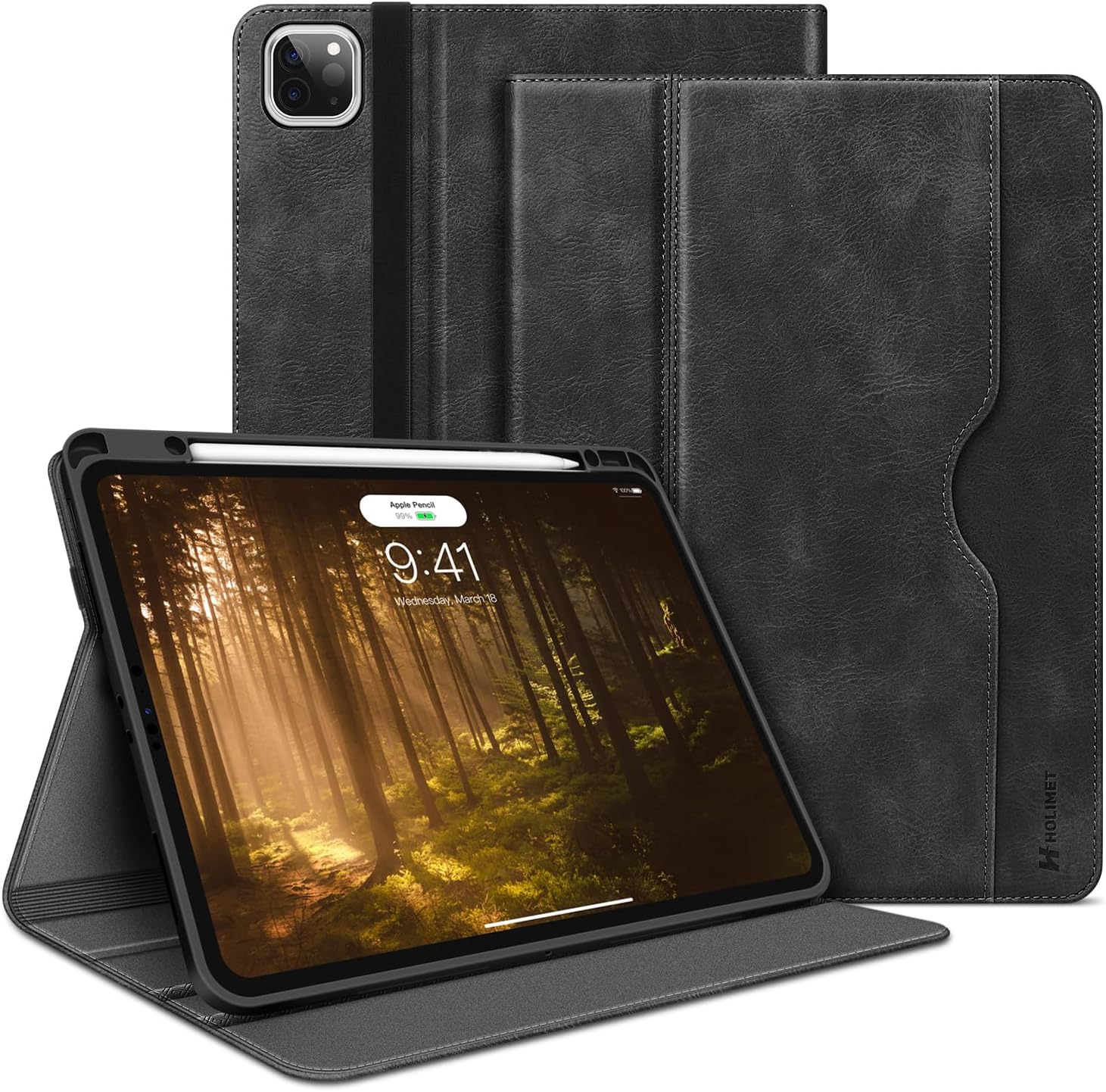 H HOLIMET Case for iPad Pro 12.9 2022 6th/5th/4th/3rd Generation with Pencil Holder Pocket Folio Stand Cover Soft TPU Back Shockproof, Auto Sleep/Wake,Vegan Leather
