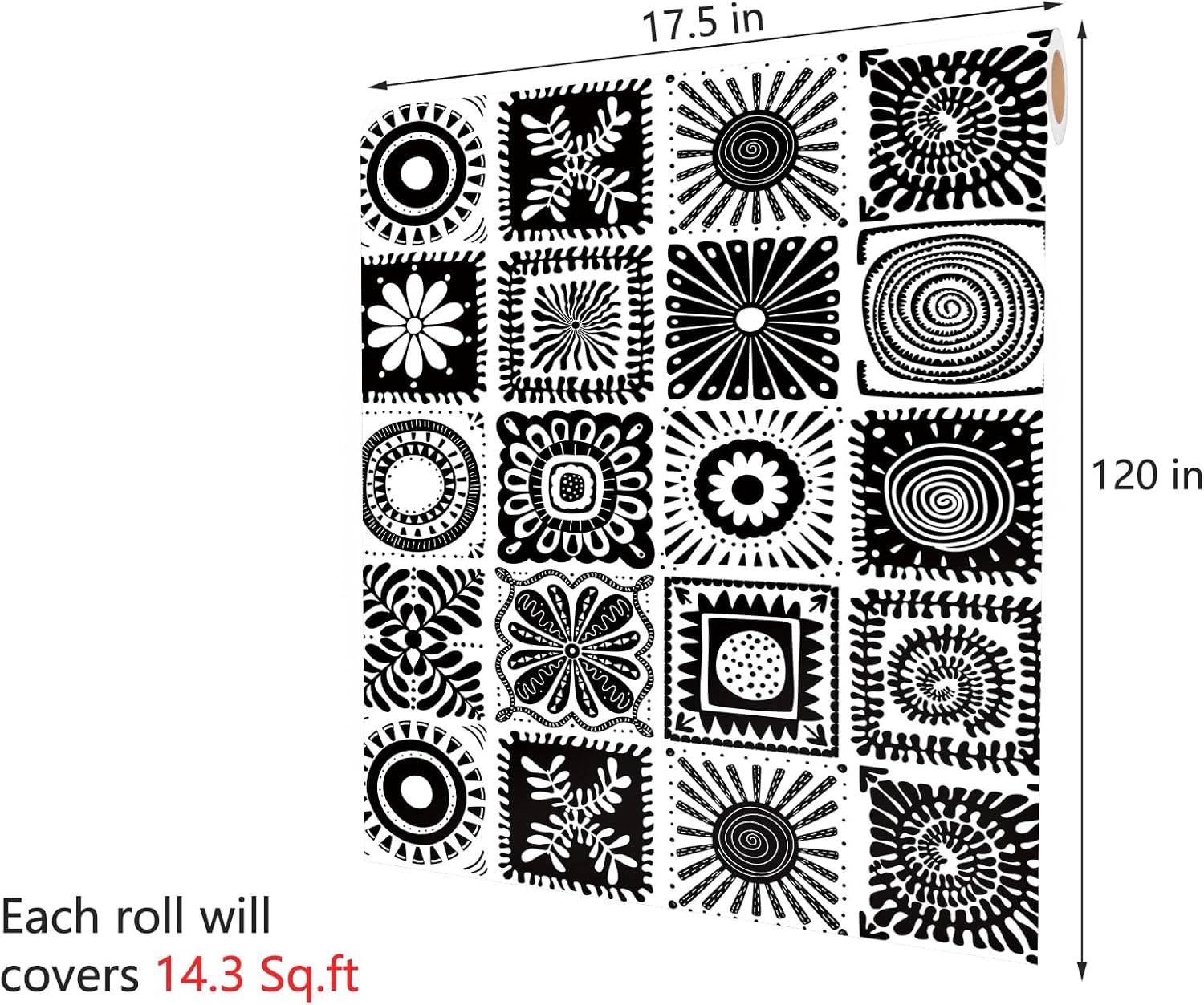 Decotalk Moroccan Wallpaper Peel and Stick Black and White Tile Wallpaper Boho Wall Paper 17.5x120 Inch Tile Contact Paper for Cabinets and Drawers Boho Wallpapers for Bathroom Bedroom Black/White