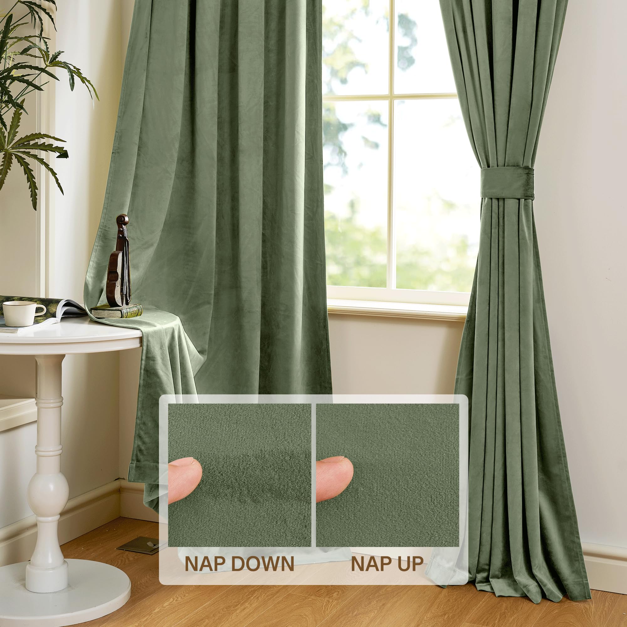 StangH Plush Velvet Curtains 2 Panels Rod Pocket Room Darkening Thermal Insulated Drapes for Nursery Bedroom Living Room 52" W x 84" L Sage Green - Image 4