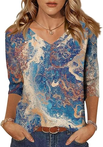 HTHLVMD Womens 3/4 Length Sleeve Tunic Tops Summer Fall Outfits 2025 Three Quarter Sleeve Casual V Neck T Shirts for Women