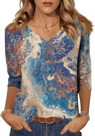 HTHLVMD Womens 3/4 Length Sleeve Tunic Tops Summer Fall Outfits 2025 Three Quarter Sleeve Casual V Neck T Shirts for Women