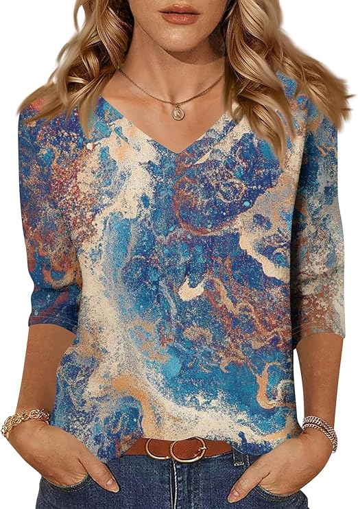 HTHLVMD Womens 3/4 Length Sleeve Tunic Tops Summer Fall Outfits 2025 Three Quarter Sleeve Casual V Neck T Shirts for Women