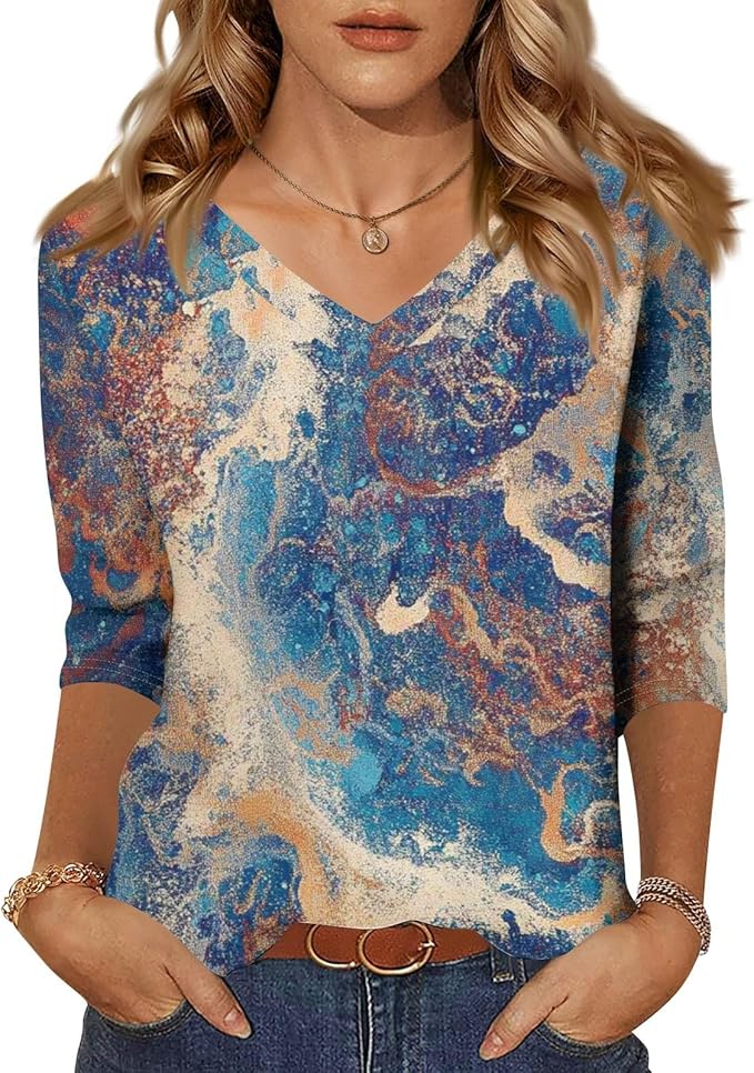 HTHLVMD Womens 3/4 Length Sleeve Tunic Tops Summer Fall Outfits 2025 Three Quarter Sleeve Casual V Neck T Shirts for Women