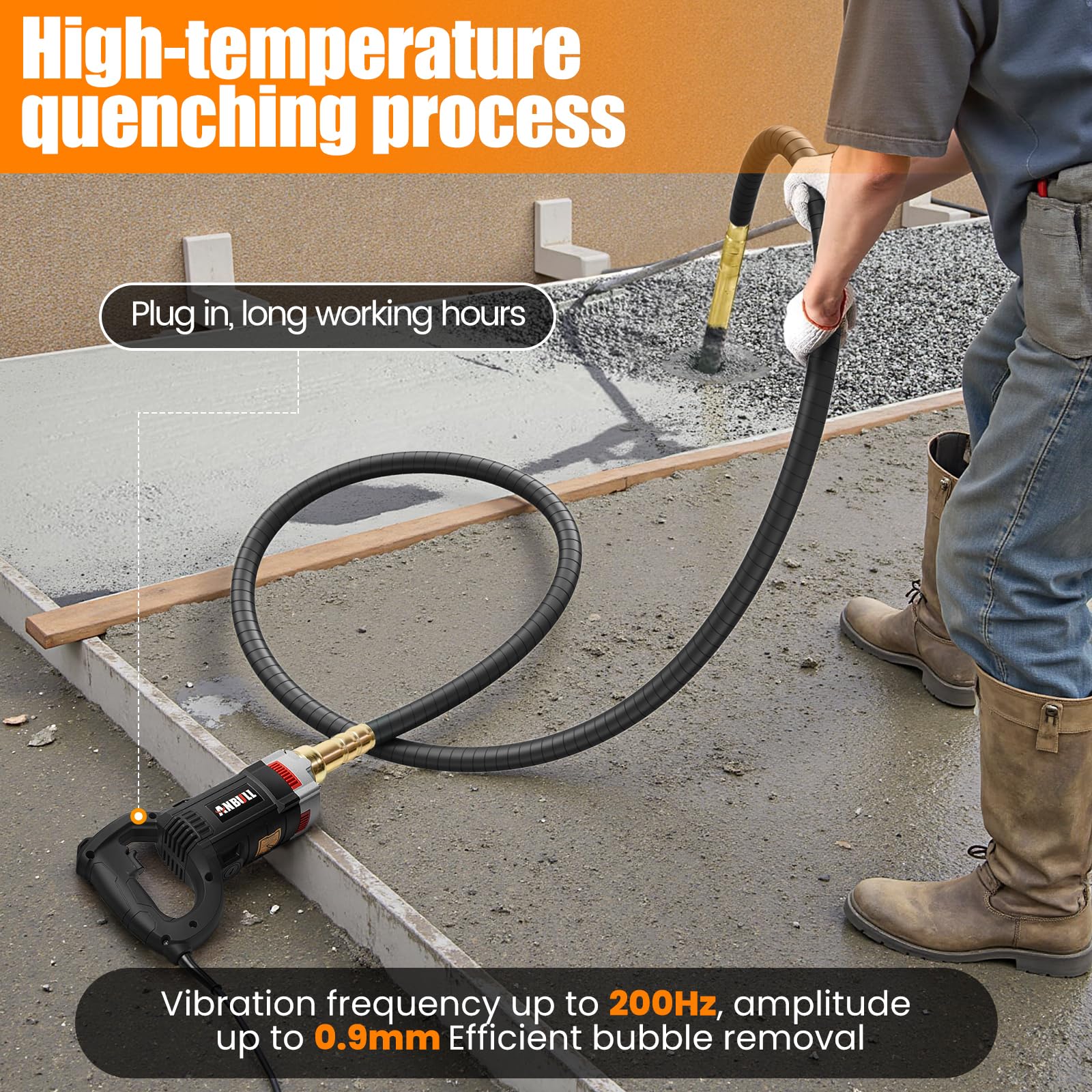 Anbull Vibreur Beton Electrique 4 m, 1800 W Aiguille Vibrante Pour Beton, 5500 tr/min, Amplitude 0,9 mm, Vibreuse Beton, Concrete Vibrator, Noir