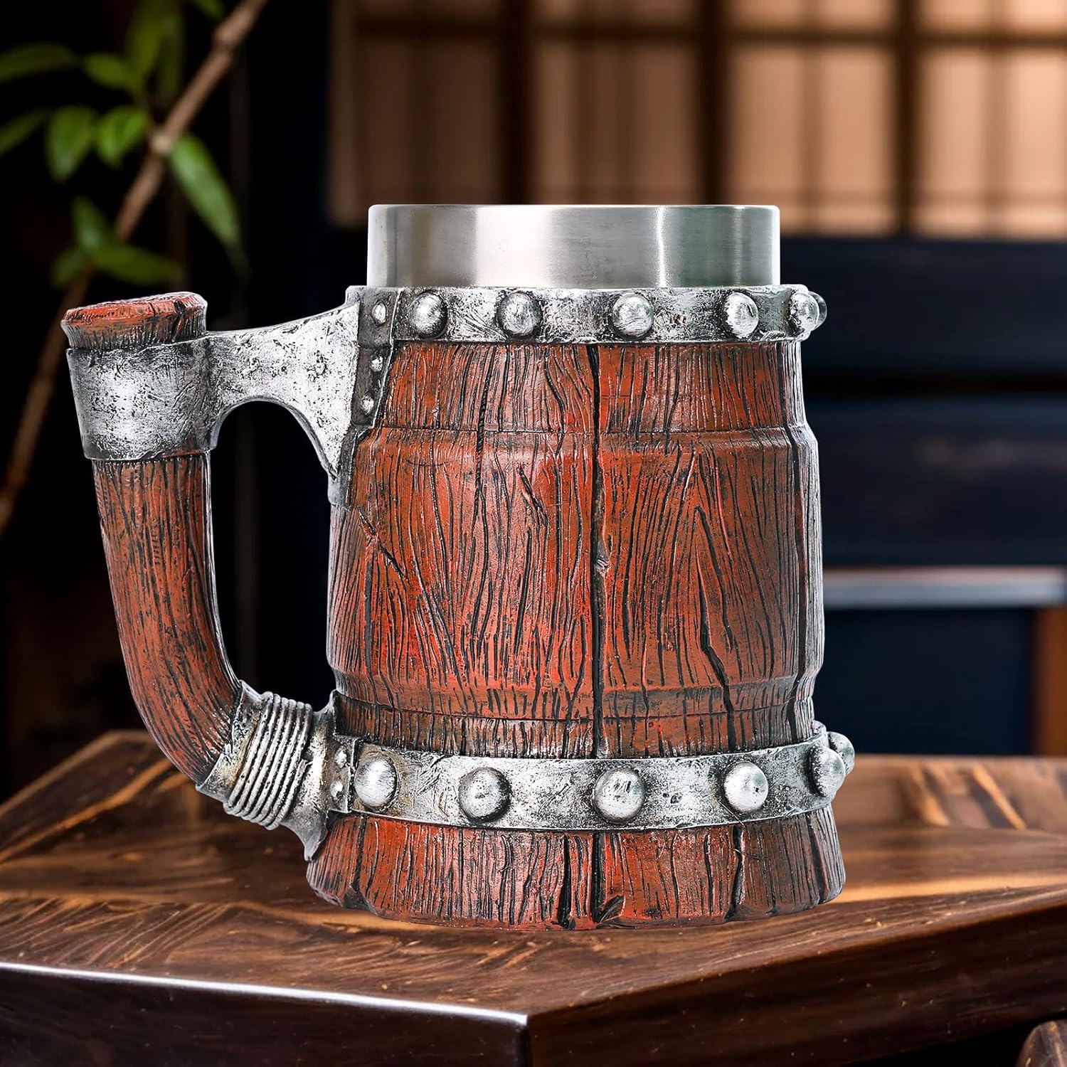 Nordic Viking Beer Mug, Large Resin + Stainless Steel Viking Drinking Cup, Wood Style Beer Mug, Norse Mythology Beer Stein Mug Barrel, Cool Decor for Home Nordic Norse Restaurant Vintage Bar - 20 OZ - Image 3