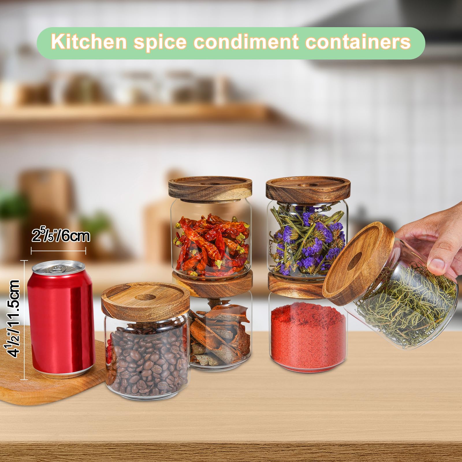 Kleine Glasdosen mit Etiketten, Gewürzdose, rund, mit Holzdeckel, klares Glas, Lebensmittelglas für Speisekammer, Zucker, Tee, Kaffee, Bohnen, Gewürze, Nüsse, Kekse, Badesalz (6 x 420 ml)