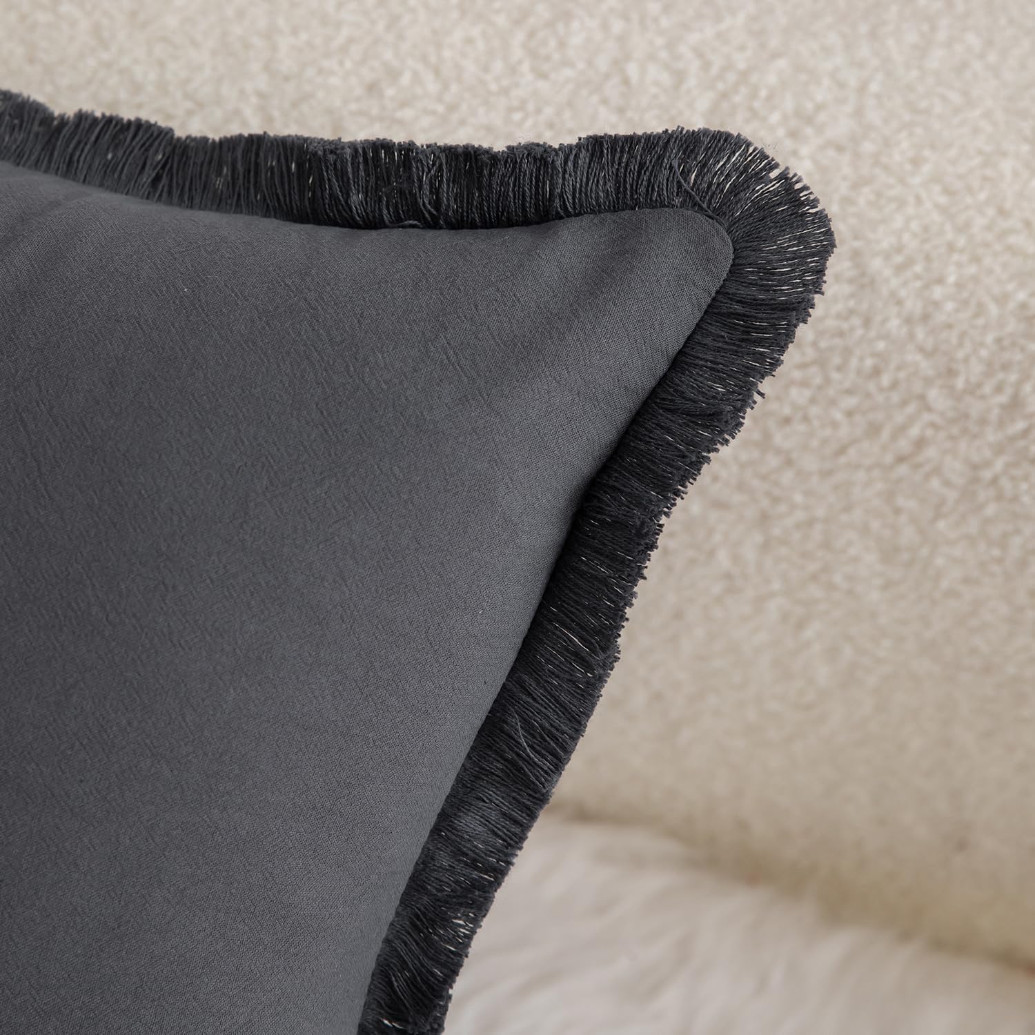 MANDIOO Set of 4 Neutral Cotton Fringe Decorative Throw Pillow Covers 20x20 Inch Boho Farmhouse Cushion Covers Cozy Tassels Pillowcase for Couch Sofa Bedroom Living Room Home Decor Gray