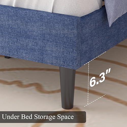 Miniatura 5 de HOMBCK Marco de Cama Queen con Cabecera Capitoné con Botones, Marco de Cama de Plataforma Tapizada Azul, Tela SuaveSoporte de Listones de MaderaNo