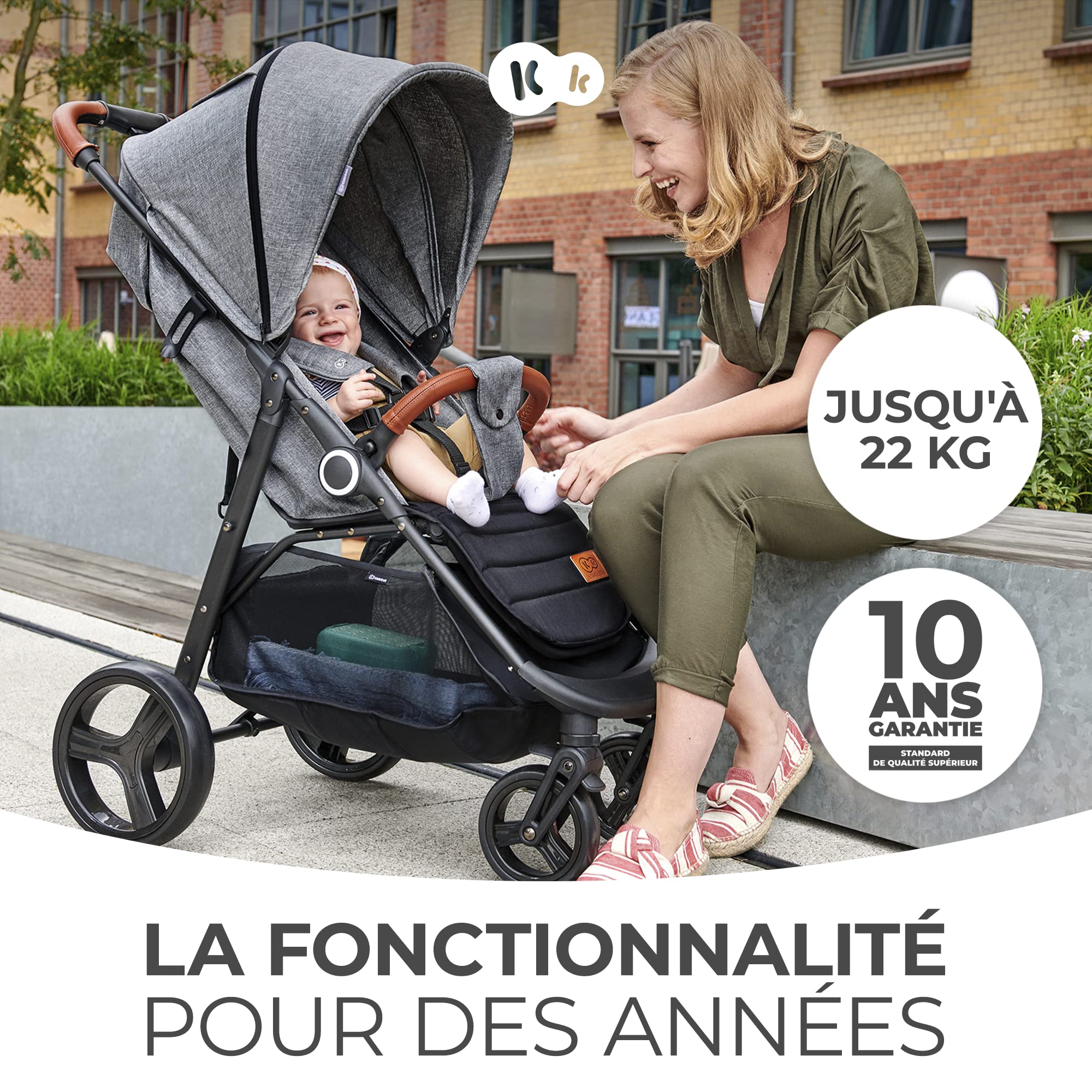 Kinderkraft GRANDE PLUS Poussette Canne dès la Naissance jusqu’à 22 kg, Pliage d'une seule main, Position allongée, Capote extensible, 4 Roues amorties, Noir