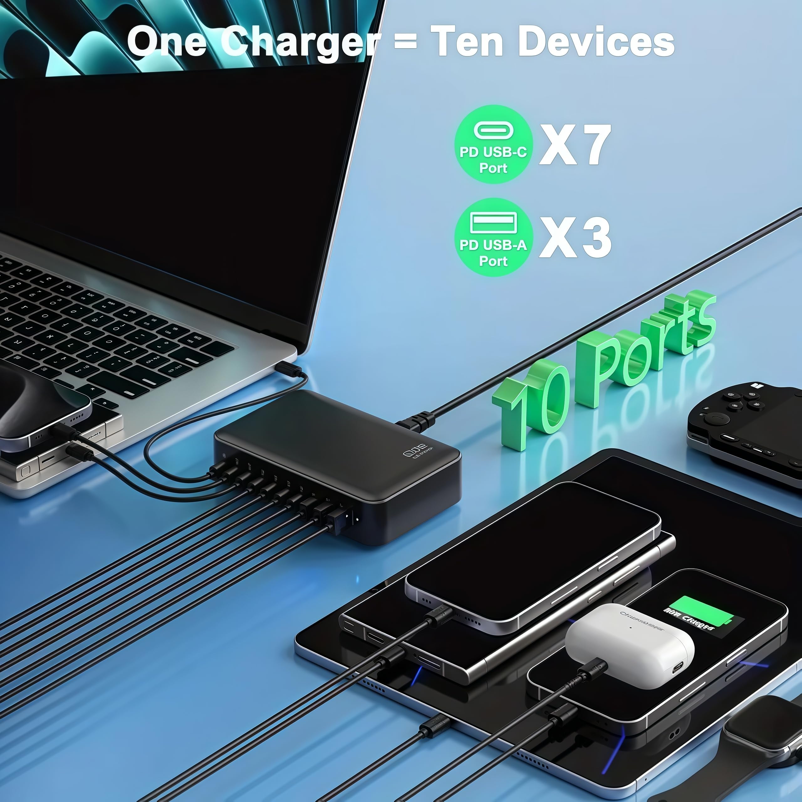 Cargador USB C Multiple Estación de Carga de 620 W con 3* PD PPS de 100W y Multi Tipo-C de 65W Carga Rápida Fast Charger Adaptador para MacBook, iPad, iPhone 16/15/14/13/12 Pro MAX, Samsung,Pixel 9