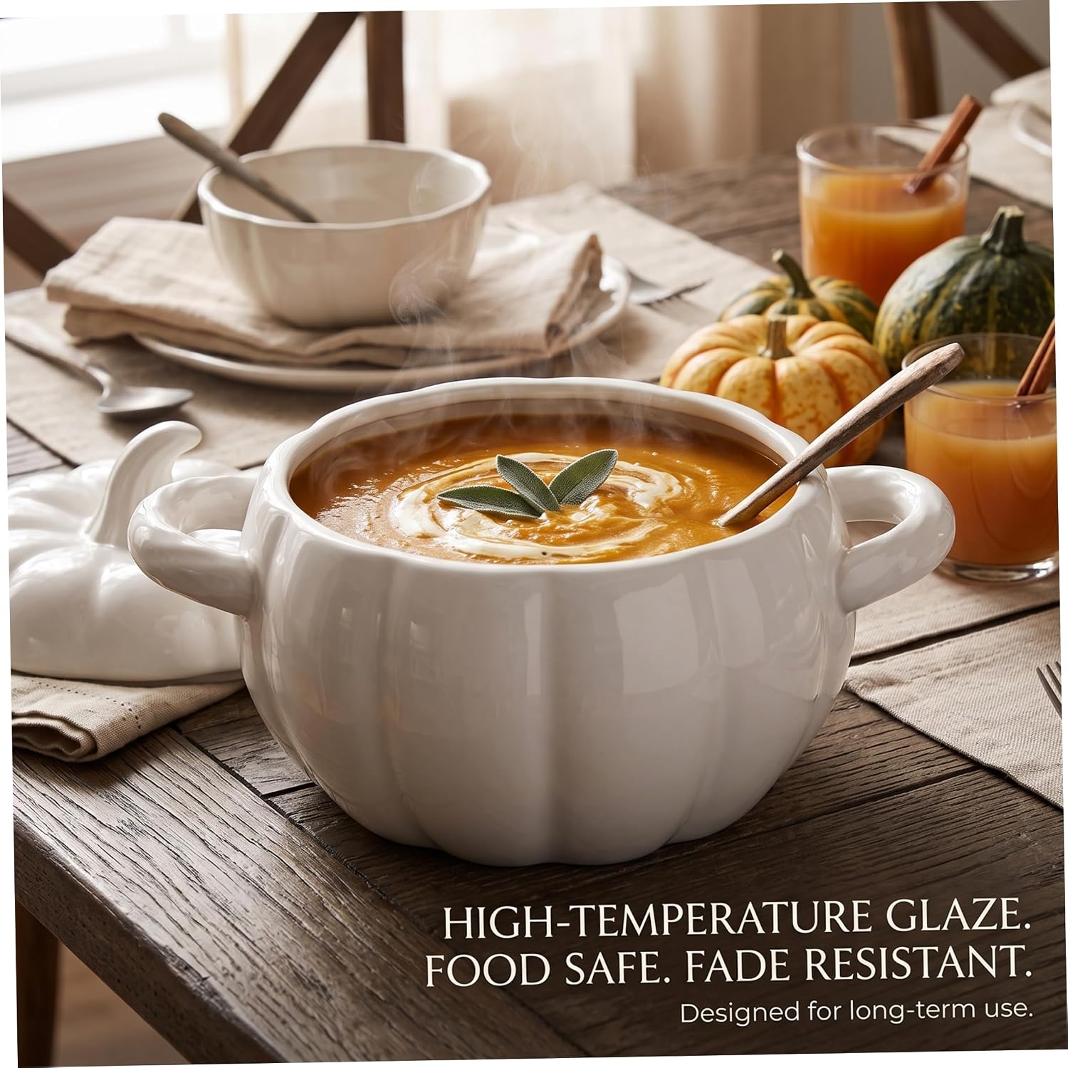 Soup Bowls With Handles, Pumpkin-Shaped Ceramic Bowl with Lid for Bread Baking, Braising, Cooking Soup, White