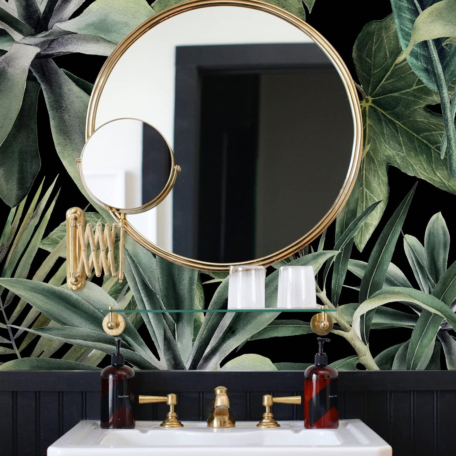 Tropical Peel and Stick Watercolor Green Leaves Wall Mural, Leather Textured Vintage Self-Adhesive Wallpaper for Bedroom Living Room Background Wall Decor, Black Background, 92''x125''