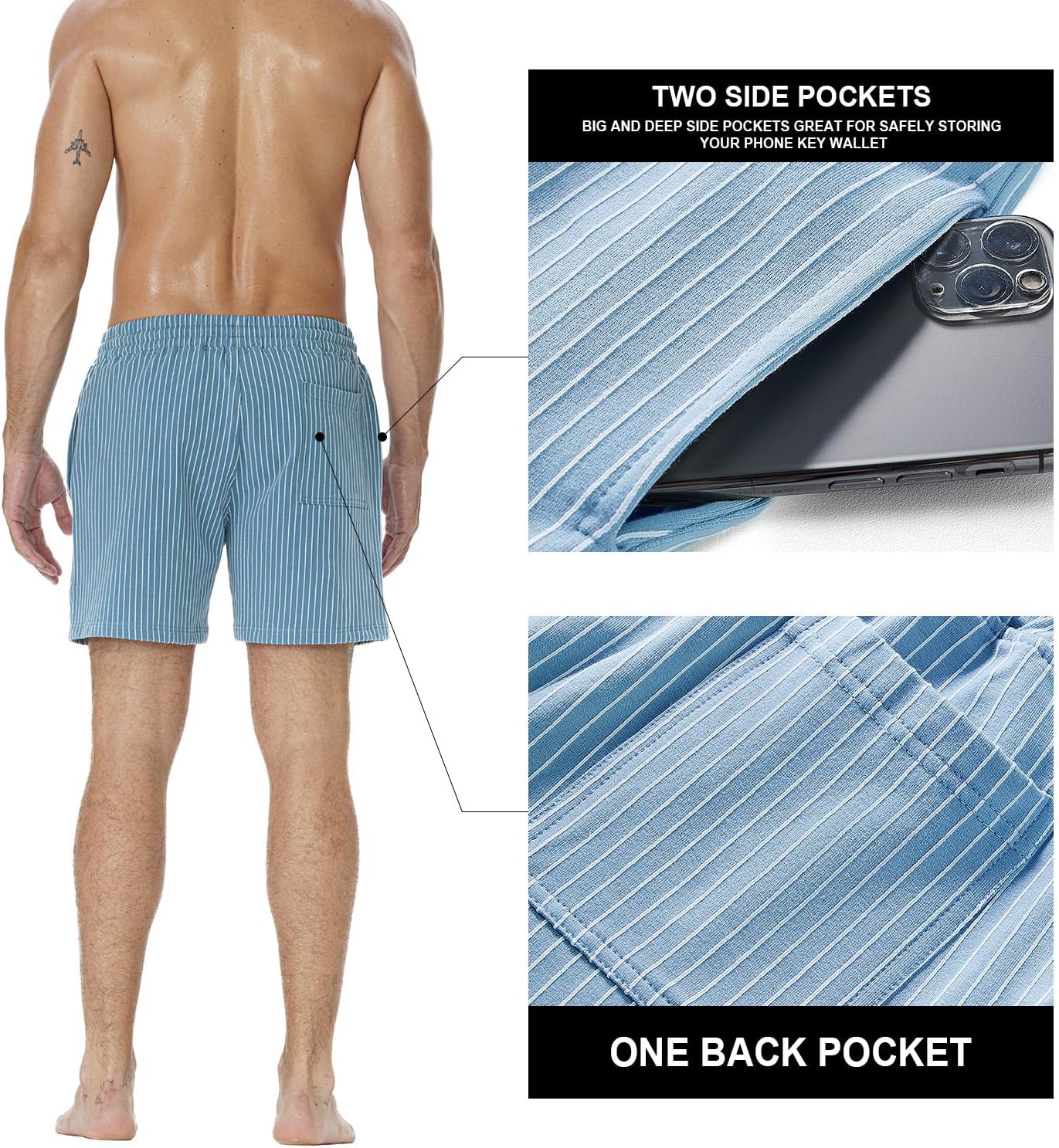 Mens Sweat Workout Shorts 5 Inch Cotton Terry Sweatshort Casual Striped Pajamas Summer Athletic Short