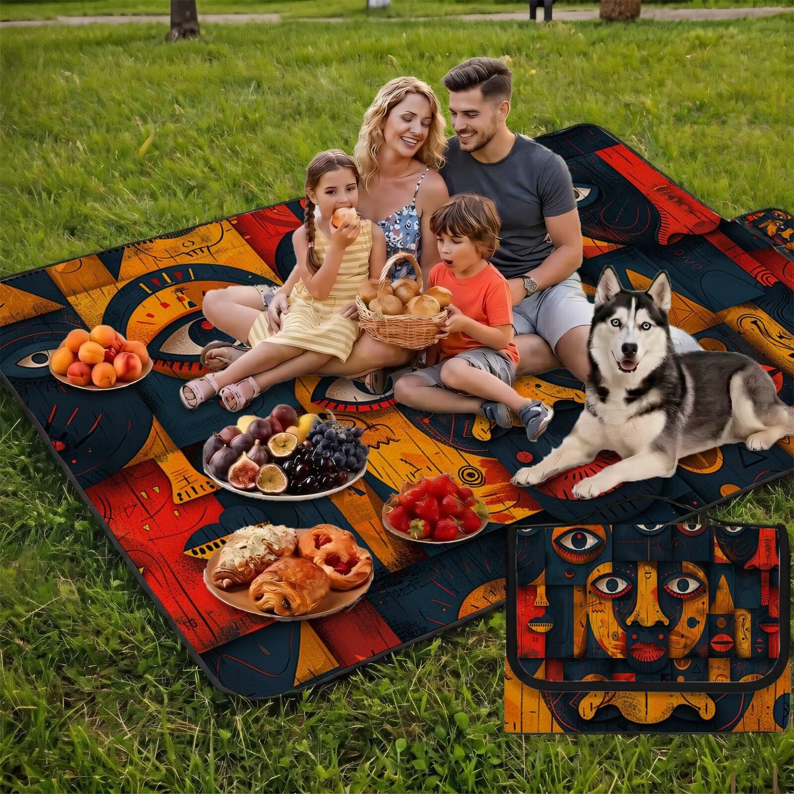 Couverture Pique Nique Grande 200x300cm,Outdoor Couverture Imperméable,Pliable Tapis de Plage Dos en PVC,Picnic Blanket pour Camping Accessoires,Jardin,Parc,Famille - Abstrait,Dessin animé FZ-166