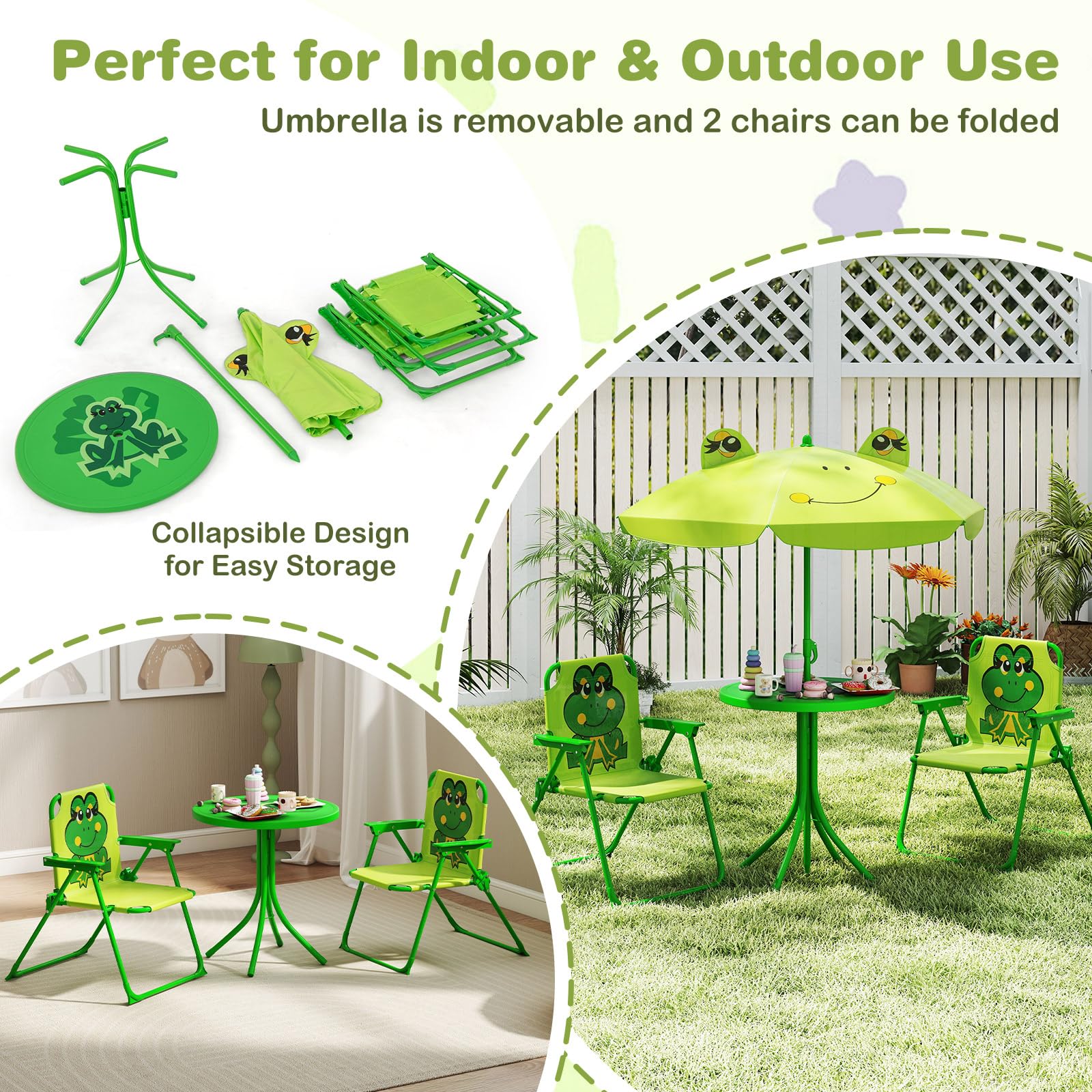 Costzon Kids Picnic Table, Kids Outdoor Table with 2 Folding Chairs, Height Adjustable Umbrella, Portable Children Outdoor Furniture for Patio, Garden, Backyard (Light Green)