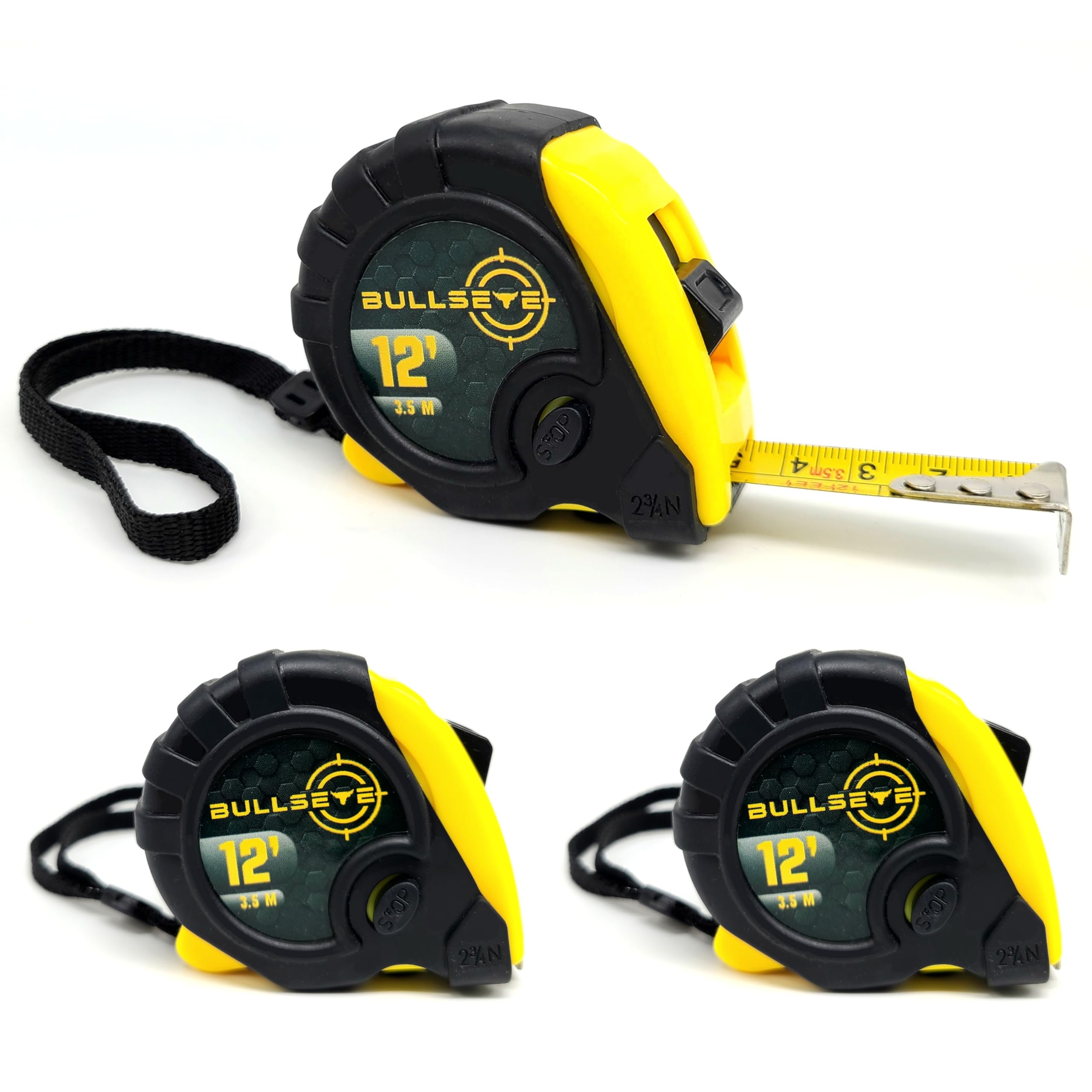 Bullseye Tape Measure 12 Foot 3-Pack | Yellow | Small, Retractable Measuring Tapes with Pause Buttons | Easy-to-Read Standard and Metric Measurements for Adults and Kids | Inches and Centimeters