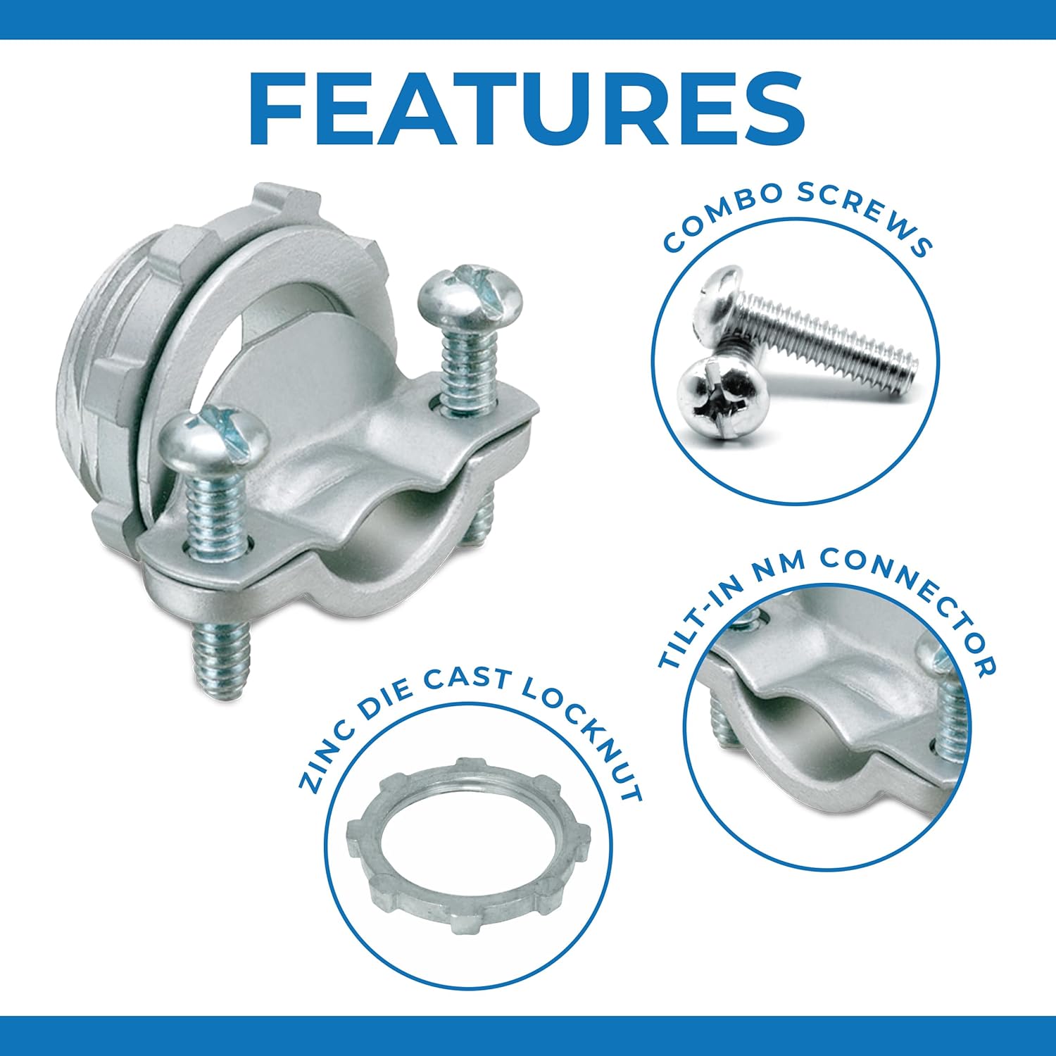 OHLECTRIC Cable Connectors ⅜" NM Connectors (Fits ½” Knockouts - Trade Size) Actual Size = Fits ¾” Knockouts Zinc Metal Connector for Conduit, NM Sheath Electrical Outlet Box (24 Pack)
