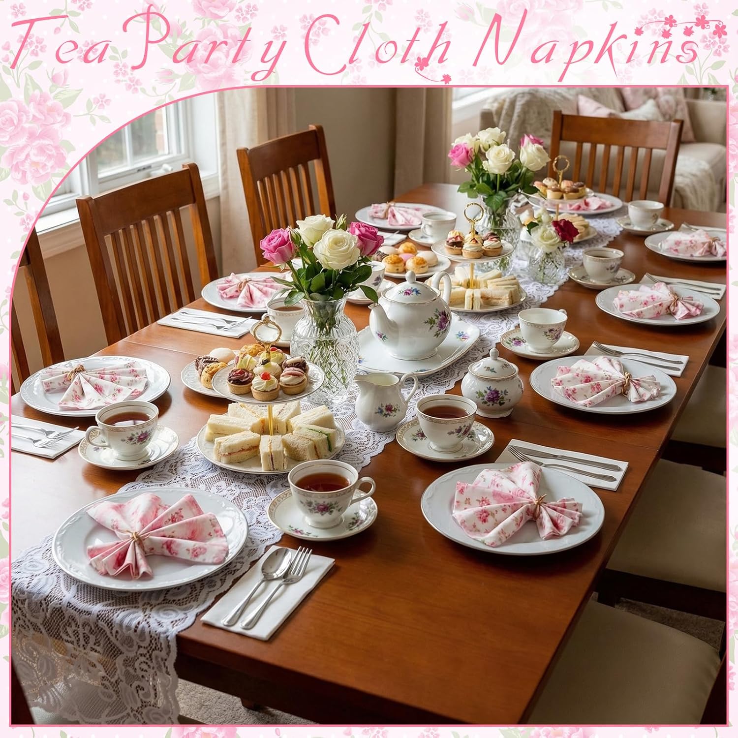 24 Pcs Spring Floral Cloth Napkins 6 Patterns Washable Dinner Tea Party Napkins Reusable Plant Floral Square Napkin Cotton Towel Decorative for Spring Wildflower Party(Pink Flowers)