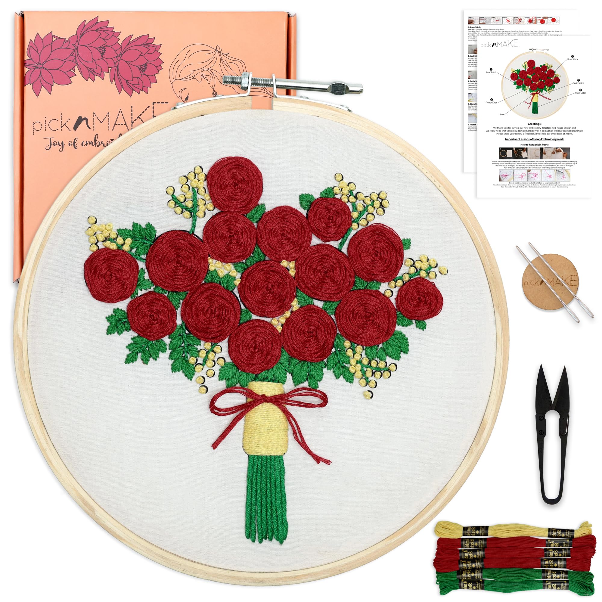 picknmake valentine special “timeless red roses” cross stitch embroidery kit for beginners adult with easy-to-follow instructions, 8 inch hoop | printed fabric | complete diy hand embroidery hobby kit