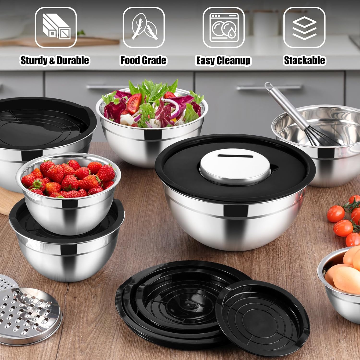 Vesteel 35PCS Mixing Bowls with Lids Set, Stainless Steel Nesting Salad Prep Bowls Attach with 3 Graters & Kitchen Utensils for Mixing Serving Grating, Size 4.5/3.5/3/2.5/1.5/1.2/0.7 QT, Black