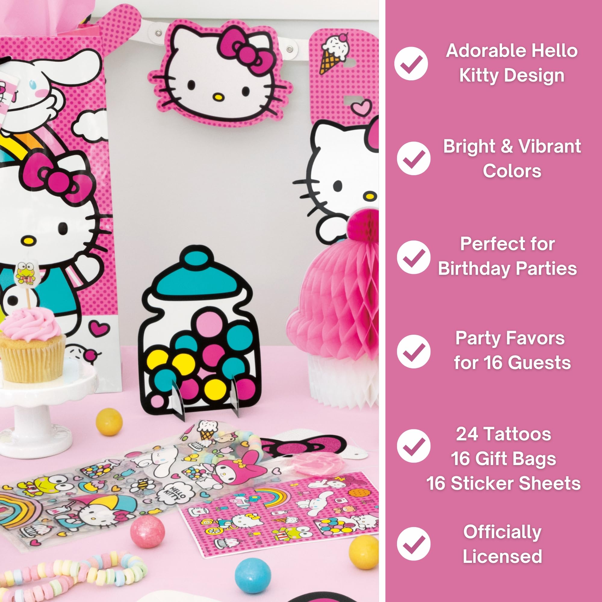 Unique Hello Kitty Party Favors - 16 Goodie Bags with 16 Sticker Sheets, 24 Tattoos, Checklist - Hello Kitty Birthday Decorations - Officially Licensed