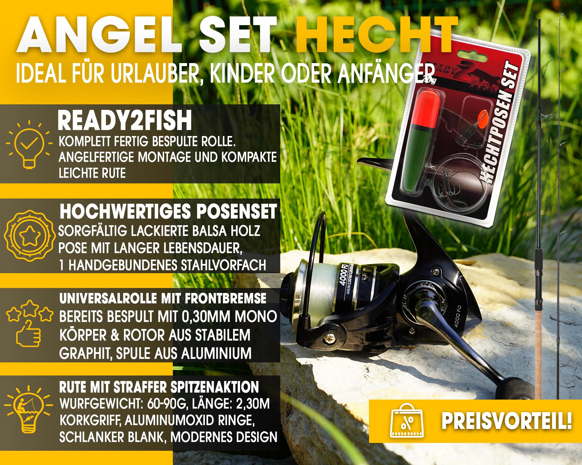 Angel-Berger Steck Angelset Rute Rolle mit Zubehör