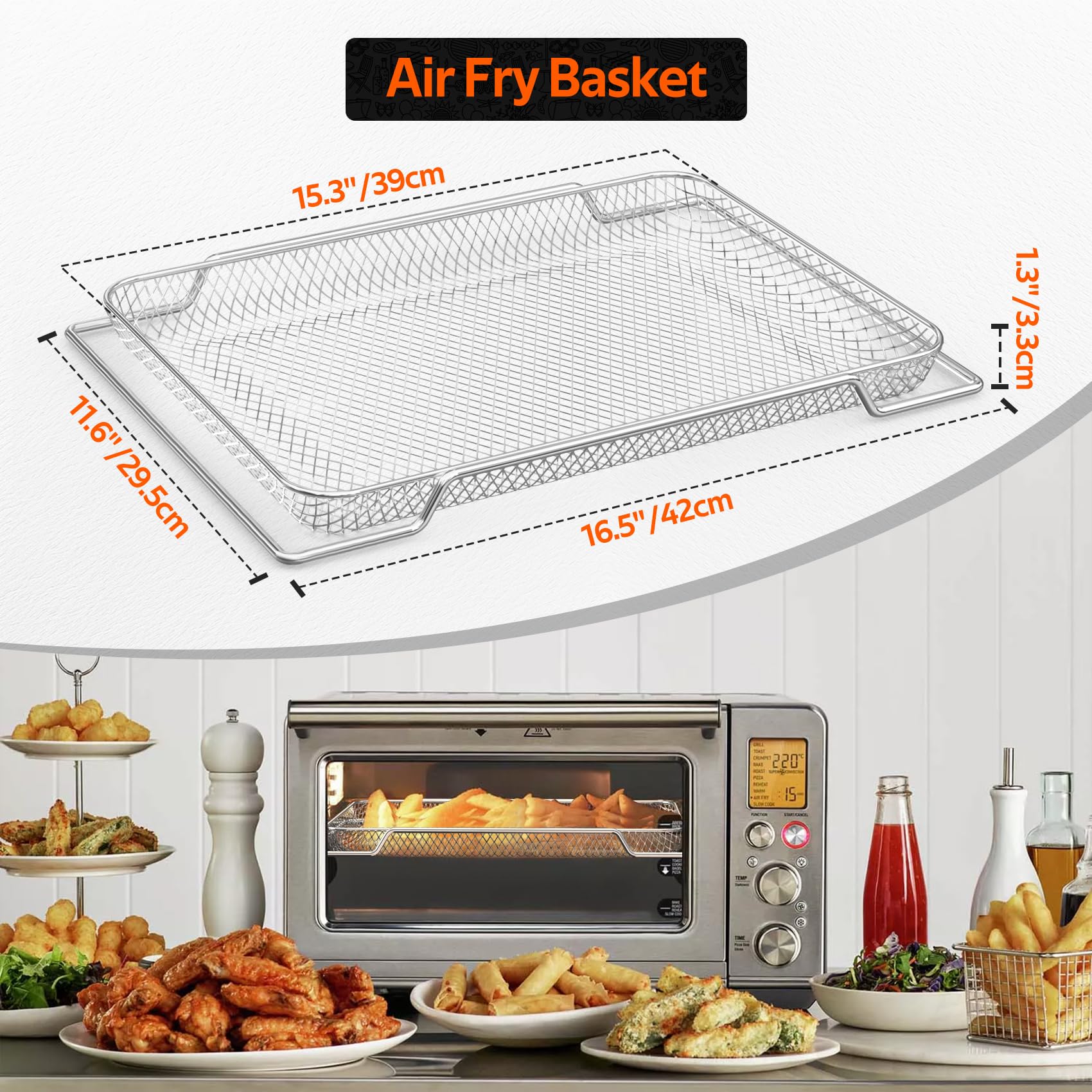 onlyfire 3 er Edelstahl Backofen Gitterkorb, 42 X 29.5cm Mesh-Grillkorb Frittierkorb Backofenkorb zum Backen, Pommes Frites, Gemüse Chicken Nuggets, Drahtgestell für Ofen