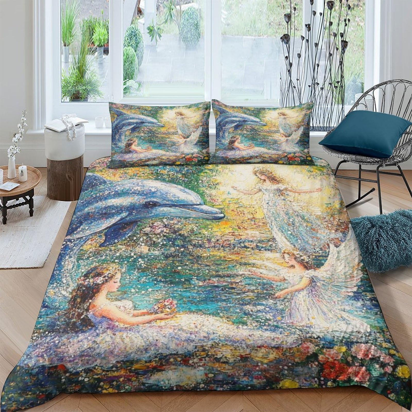 Fantasia di delfini Impressione 3D 3 pz fodera per edredone scena d'acqua angelica coperteletto microfibra zip antiacari per ragazze adolescenti adulti King（220x240cm）