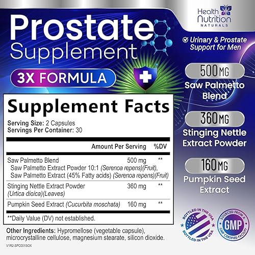 Miniatura 2 de Suplementos para la salud de la próstata para hombres, 1000 mg, 3 veces más fuerza con mezcla de palma enana americana y complejo de apoyo de raíz
