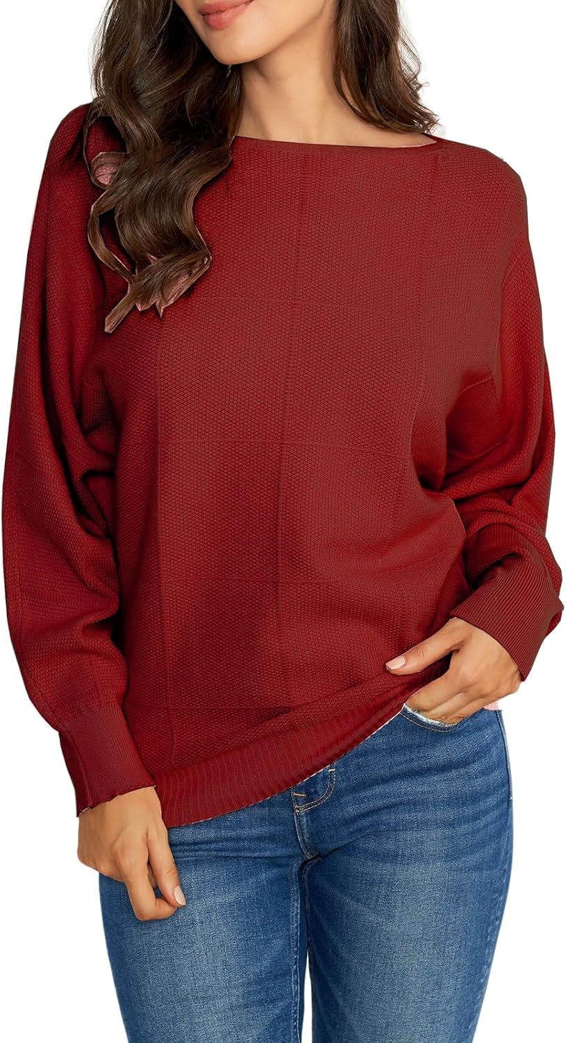 Ckikiou Spring Fall Boat Neck Batwing Soft Knitted Sweater for Women Casual Loose Dolman Sleeve Ribbed Pullover Top - Image 2