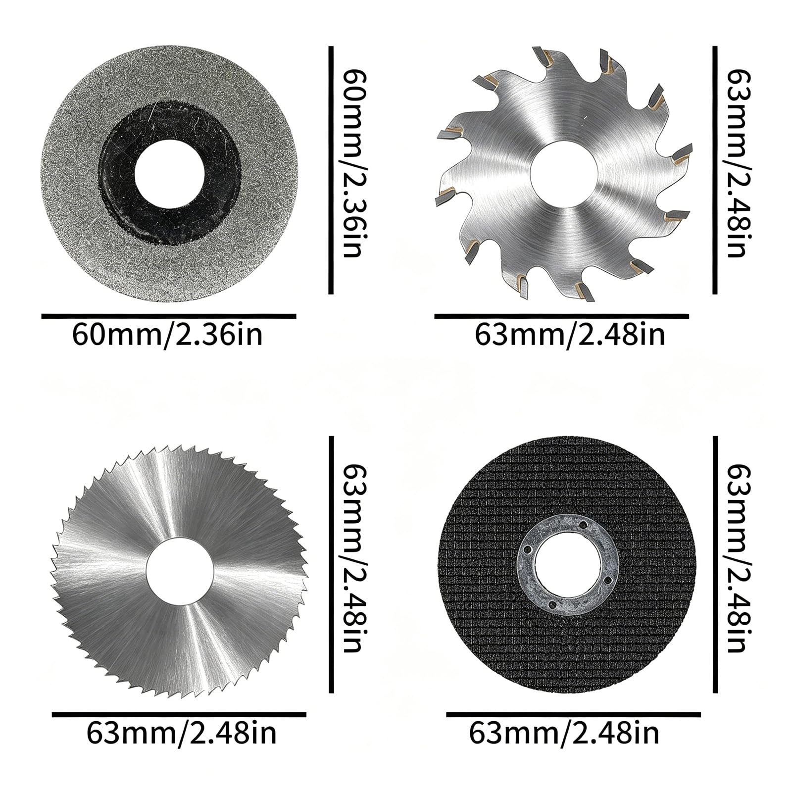 4 Lame Circolari da 60 mm, Mini Ruota di Ricambio Multifunzionale per Sega da Tavolo, Lamas Sottile HSS + Lama per Lavorazione Del Legno + Lama In Resina + Diamantata, Foro da 16 mm (5/8")