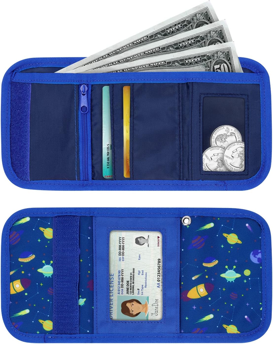 Choco Mocha Kids Wallets for Boys 3-5 6-8 Space Velcro Wallet with Zippered Coin Pocket Card Holders, Little Boys Toy Wallets for Kids Travel Wallets with Lanyard Gift Box, Blue : Clothing, Shoes & Jewelry