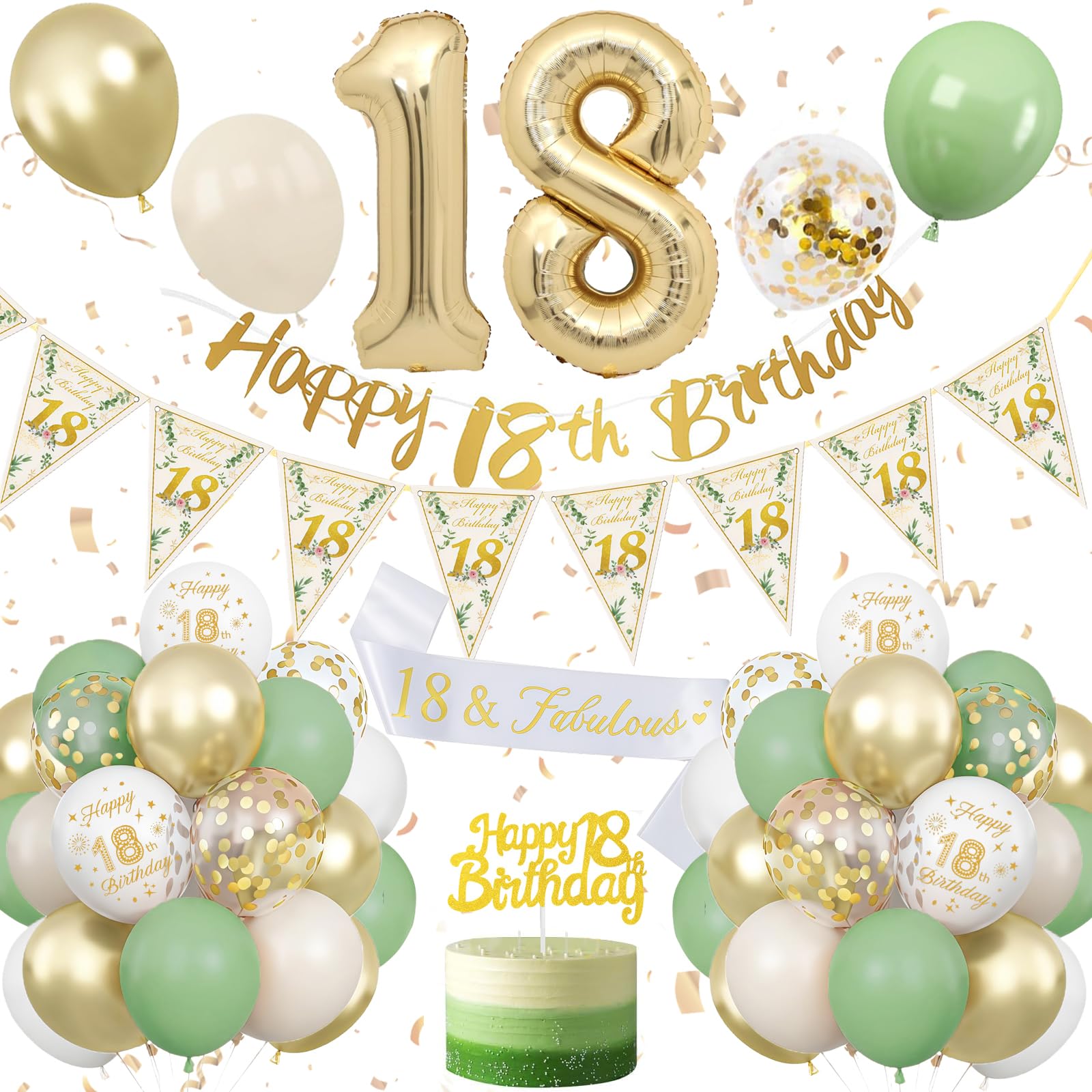 18th Birthday Decoration Sage Green, Green White Gold Birthday Decorations for 18 Year Old, Number 18 Balloons with Banner, Cake Decoration for Boy and Girl, 18 Year Old Birthday Decoration
