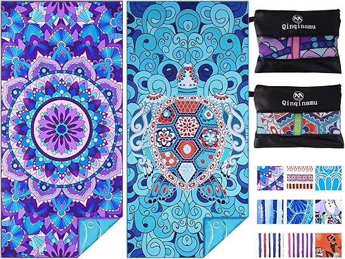 Qinqinamu Paquete de 2 toallas de playa ligeras de microfibra de gran tamaño de 71 x 32 pulgadas, extra finas grandes sin arena, toallas de viaje,